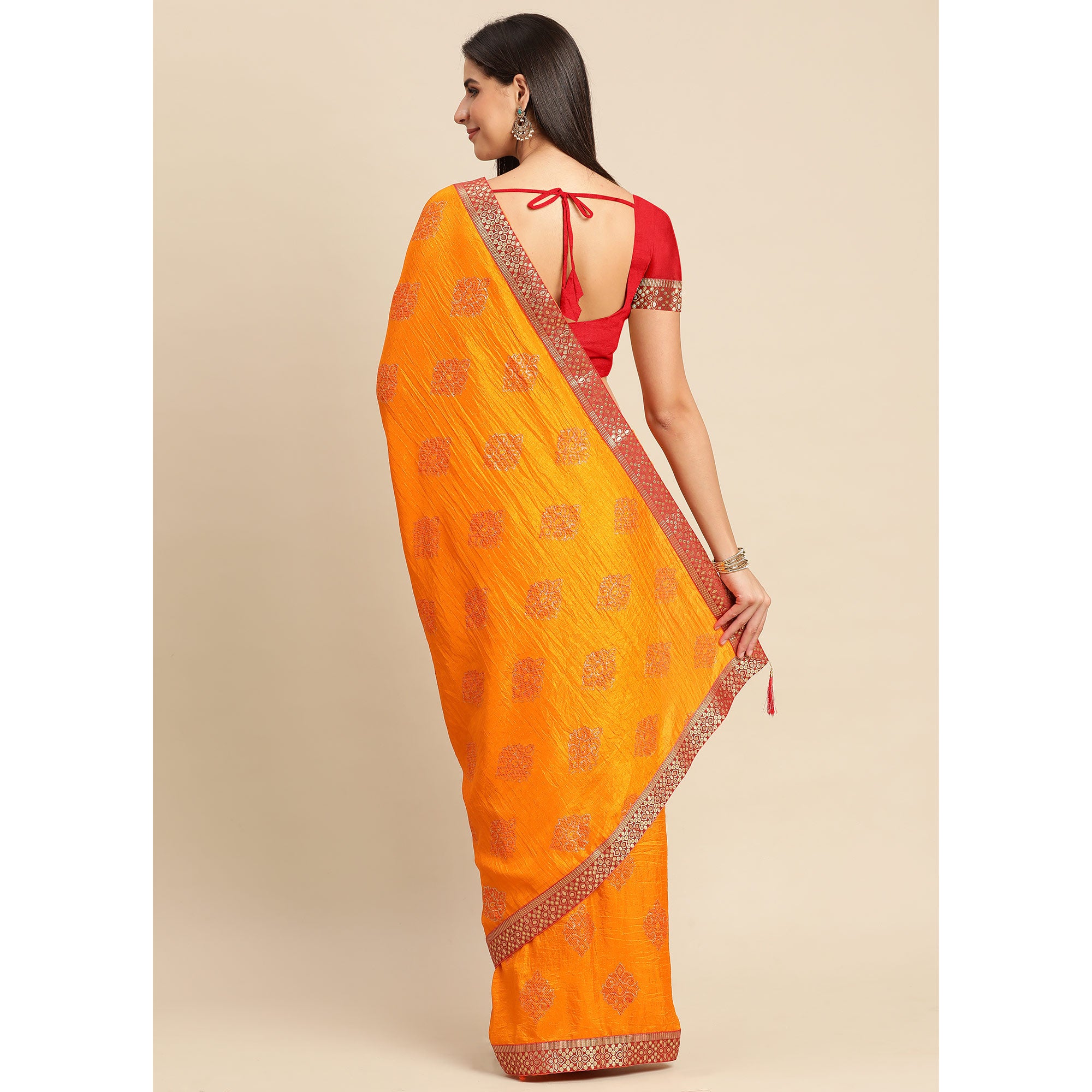 Light Orange Floral Foil Printed Vichitra Silk Saree
