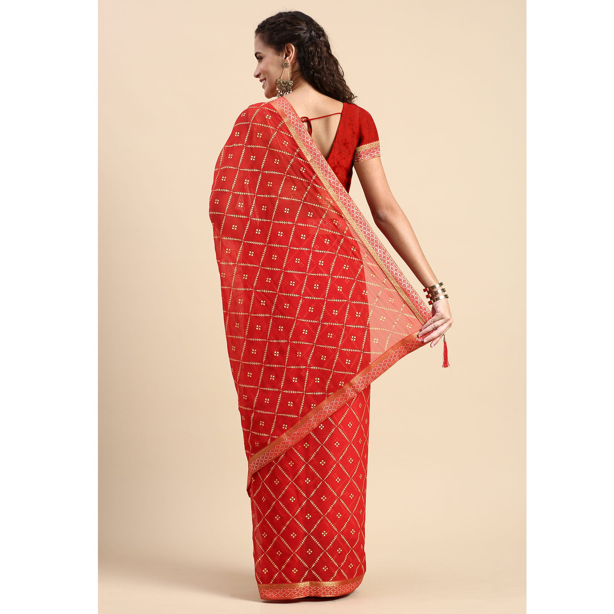 Red Floral Foil Printed Zomato Saree