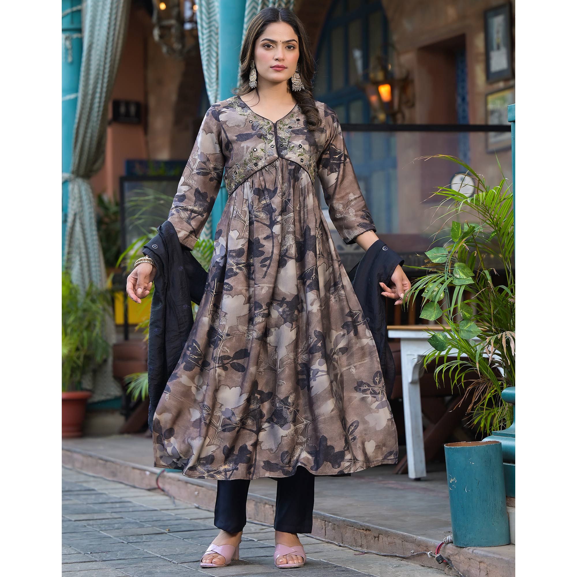 Chikoo & Black Floral Printed Alia Cut Chanderi Silk Salwar Suit