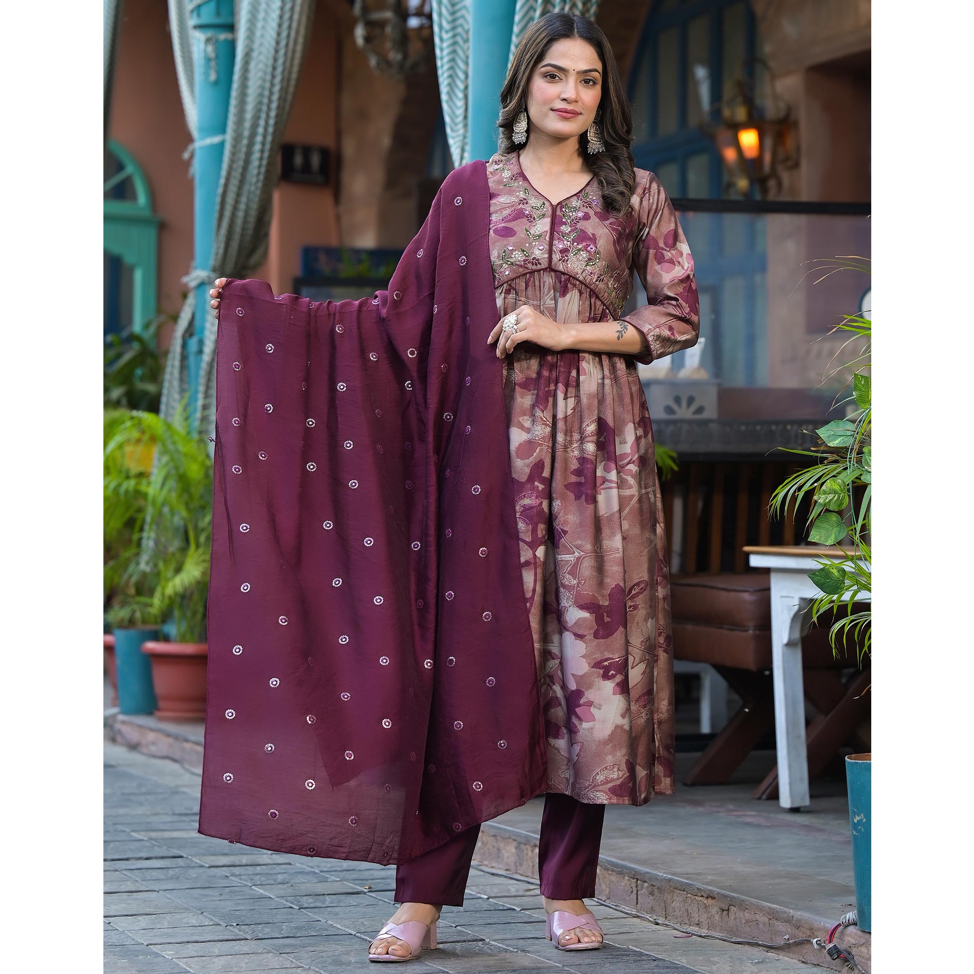 Chikoo & Wine Floral Printed Alia Cut Chanderi Silk Salwar Suit
