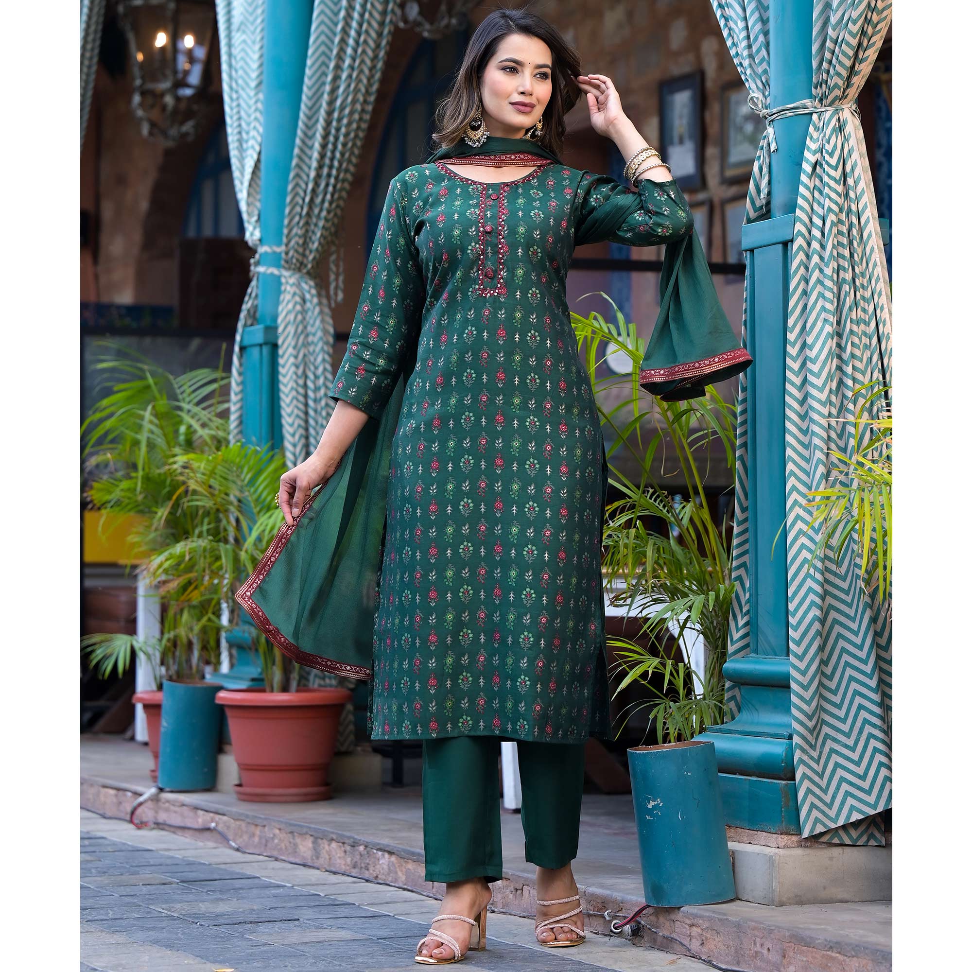 Bottle Green Floral Kantha Work Embroidered Chanderi Silk Salwar Suit