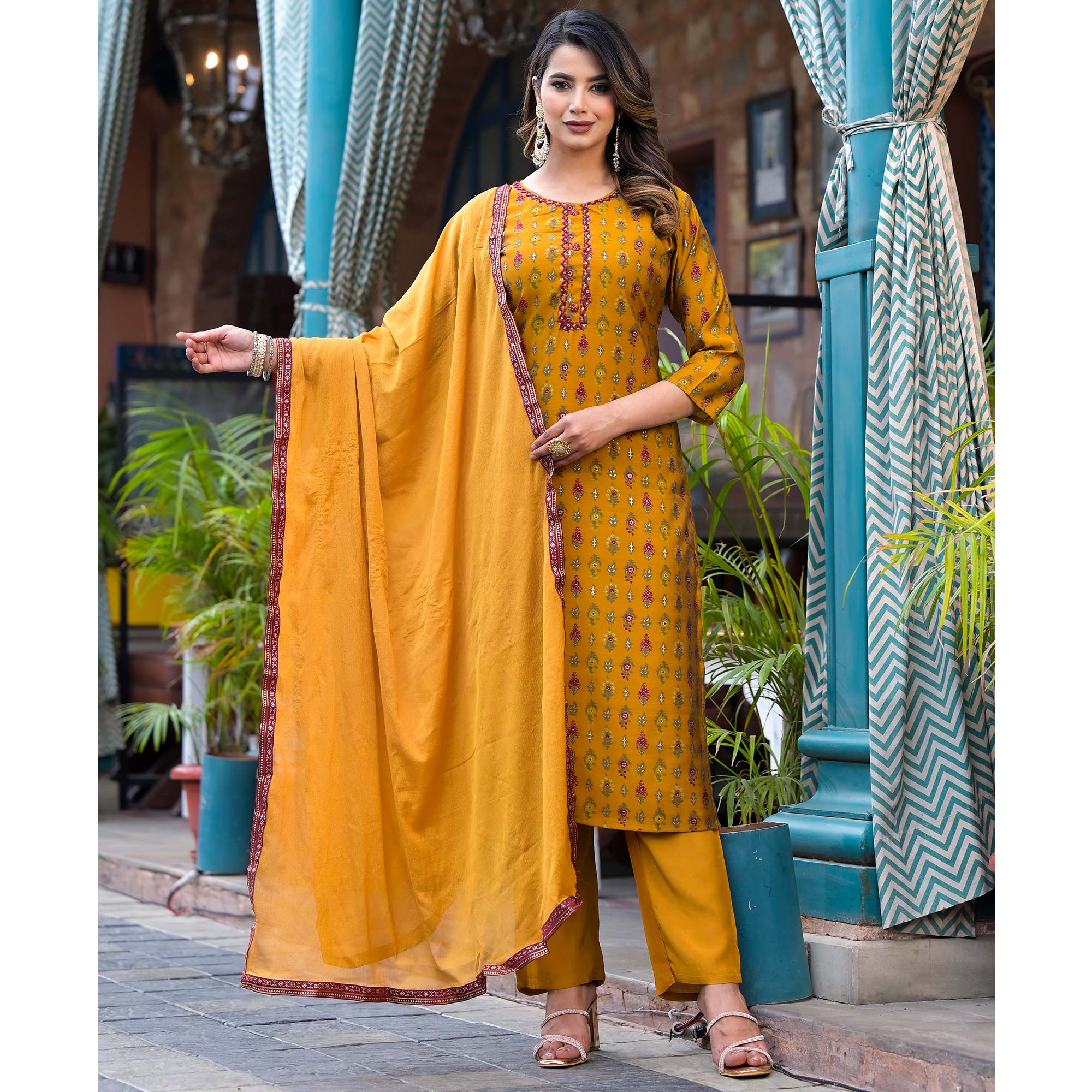 Mustard Floral Kantha Work Embroidered Chanderi Silk Salwar Suit