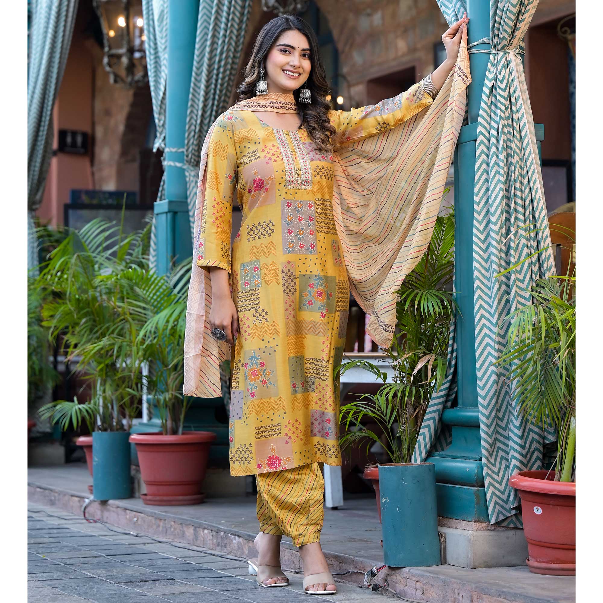 Yellow Digital Printed Chanderi Silk Salwar Suit