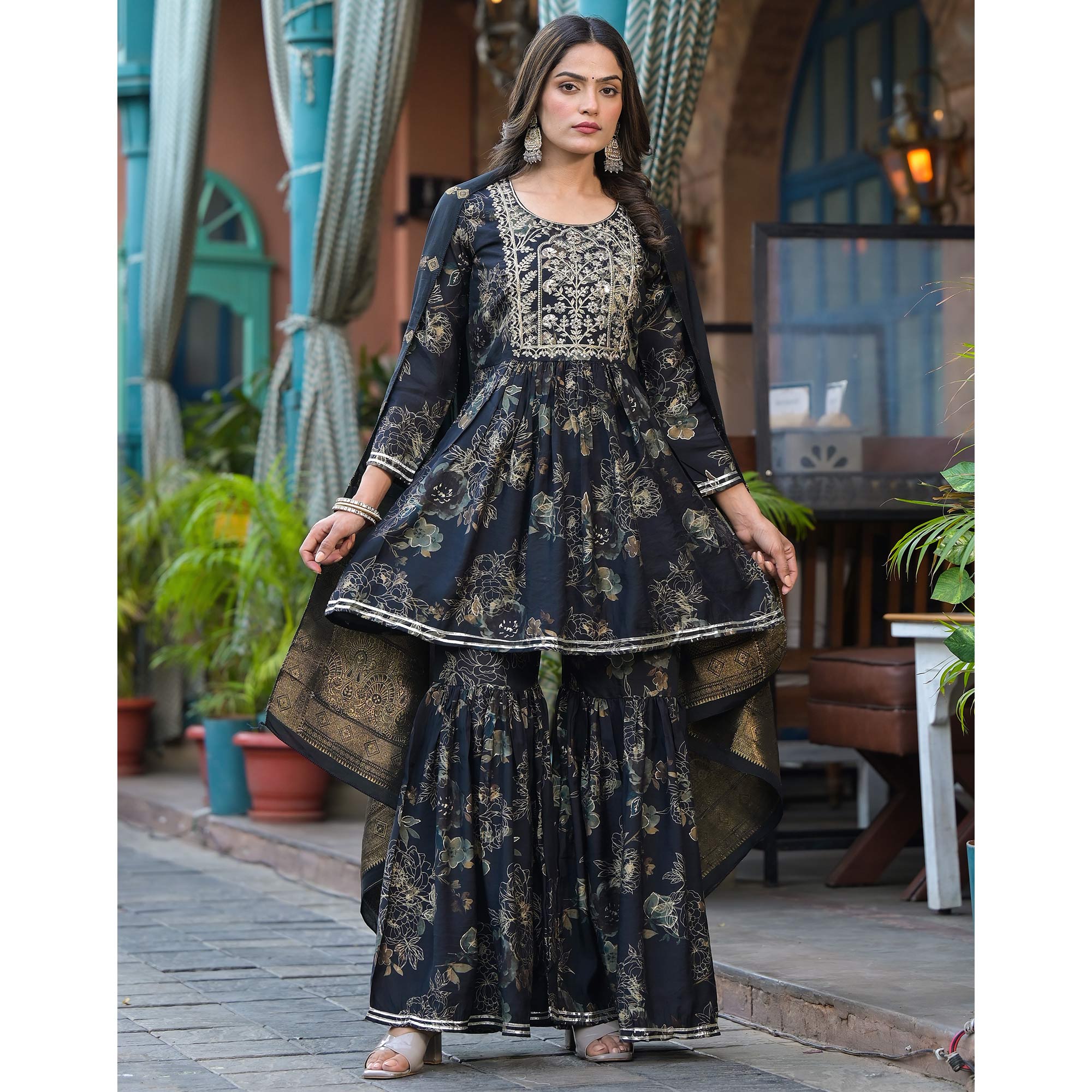 Black Floral Embroidered Chanderi Silk Sharara Suit