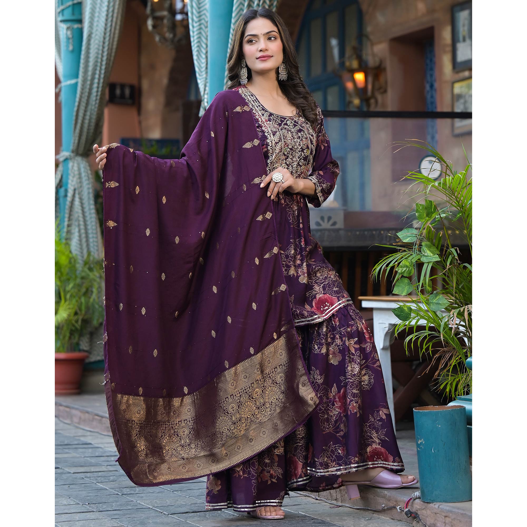 Wine Floral Embroidered Chanderi Silk Sharara Suit