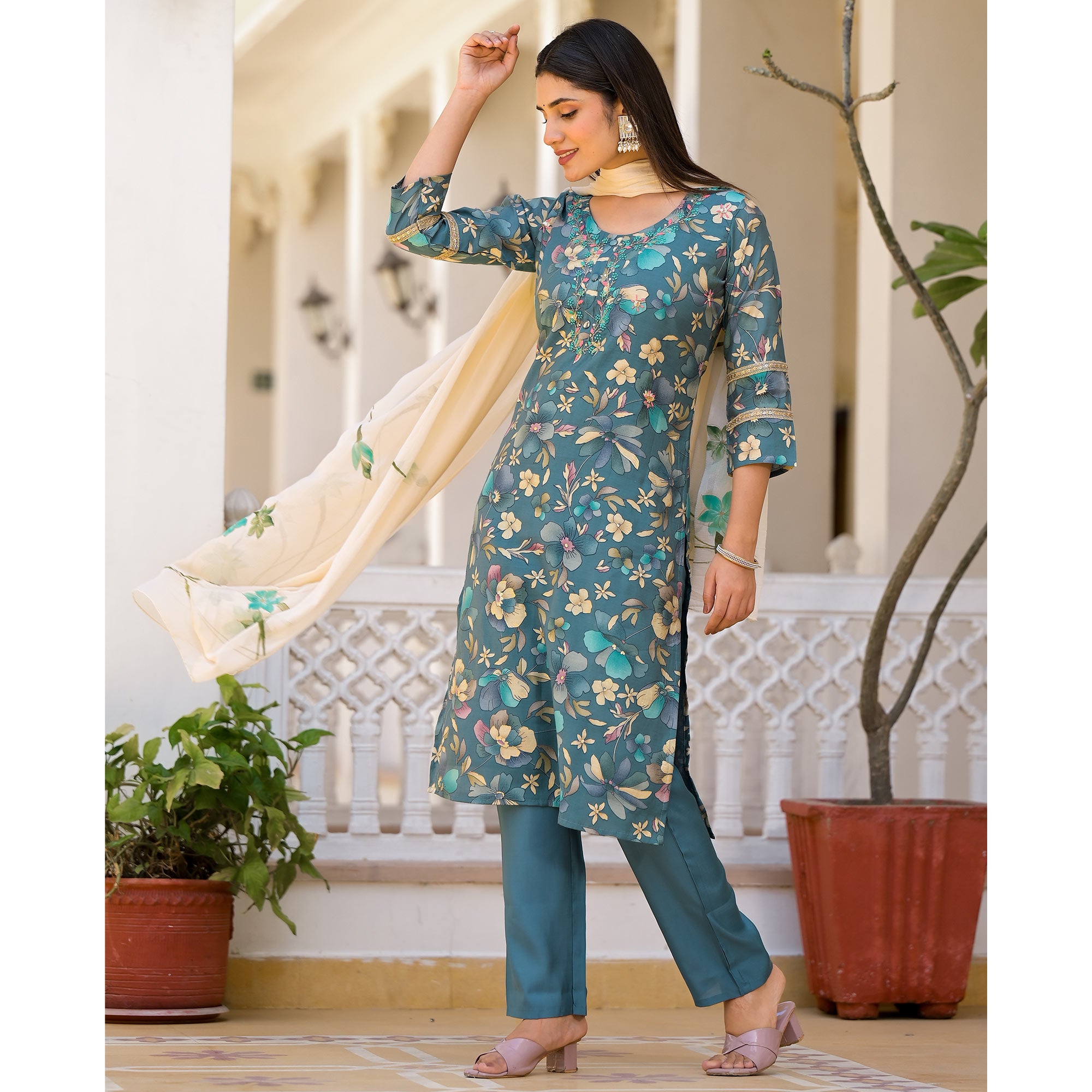 Turquoise Floral Printed Chanderi Silk Straight Salwar Suit
