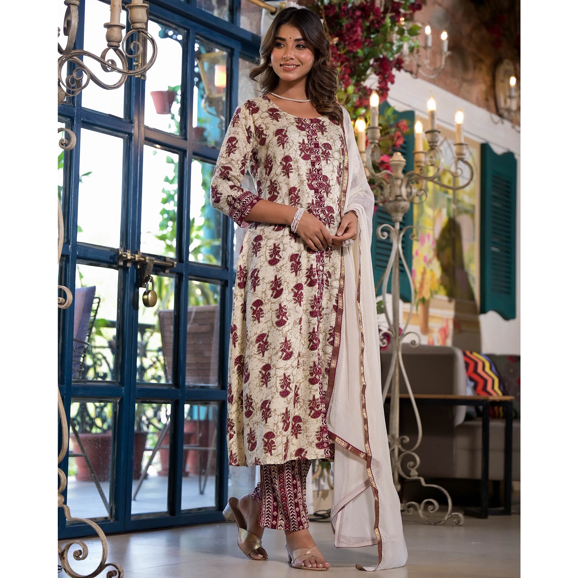 Chikoo & Maroon Floral Foil Printed Rayon A-Line Salwar Suit