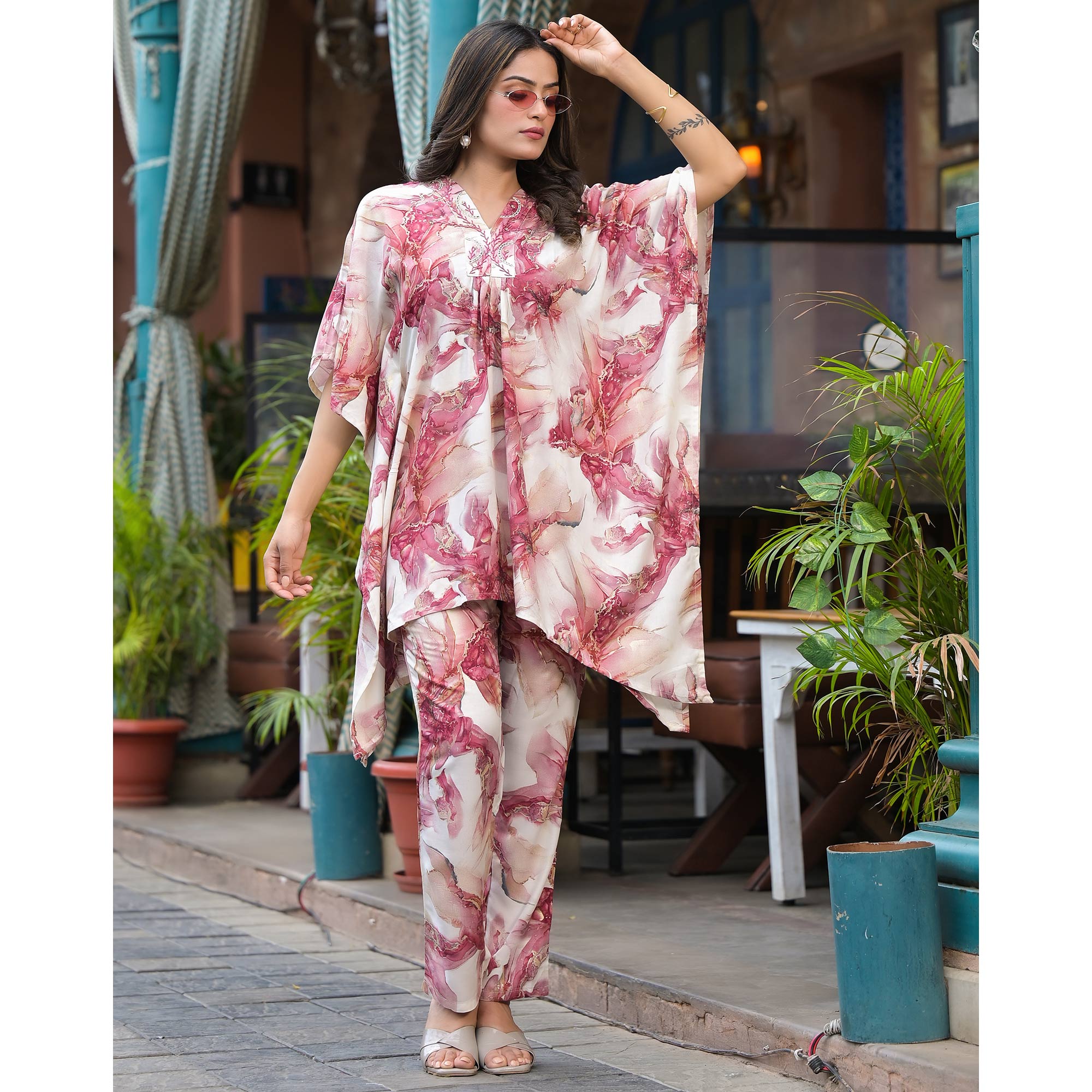 Mauve Foil Printed Rayon Kaftan Co-Ord Set