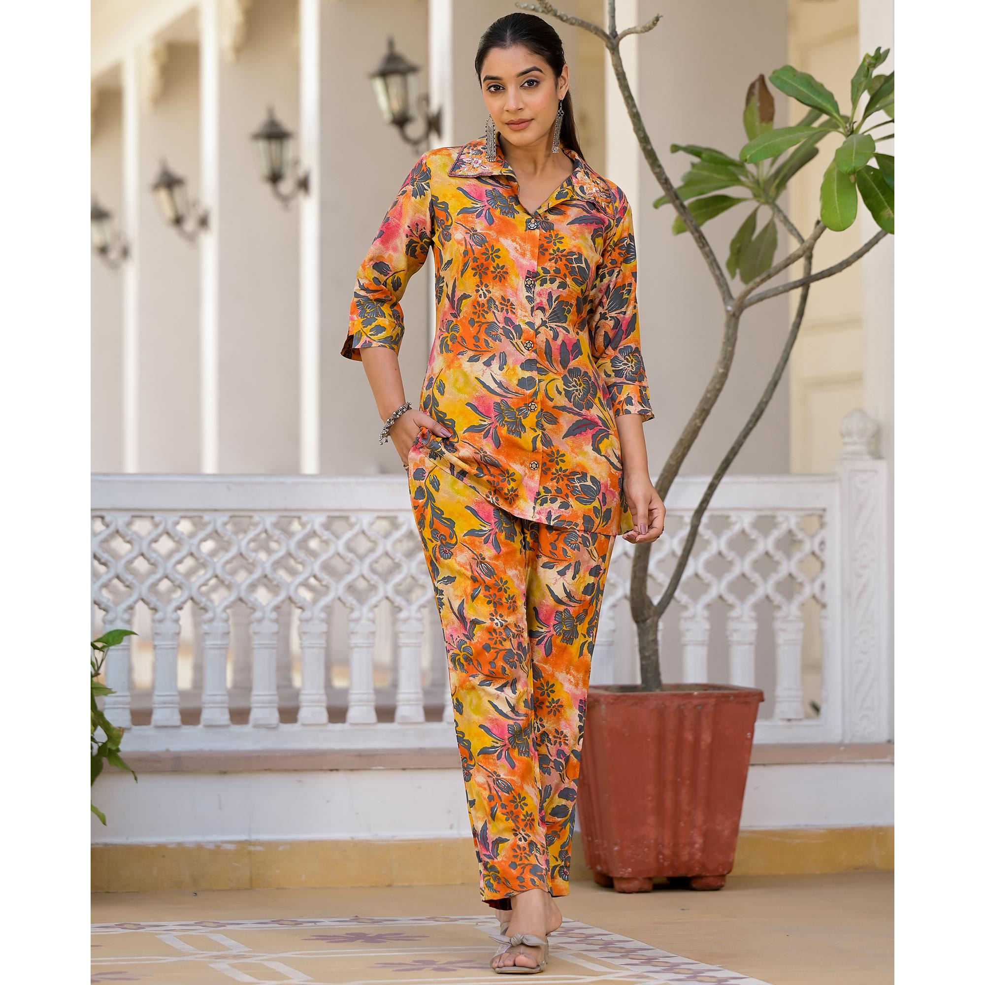 Yellow Floral Foil Printed Chanderi Silk Co Ord Set