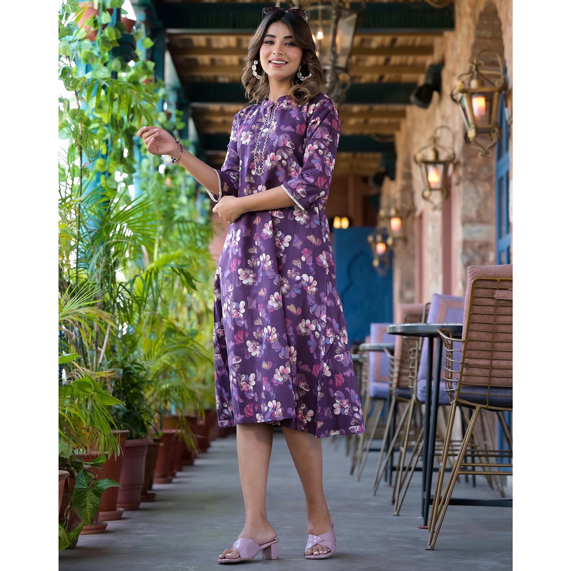 Dark Purple Floral Foil Printed Giza Cotton A-Line Dress