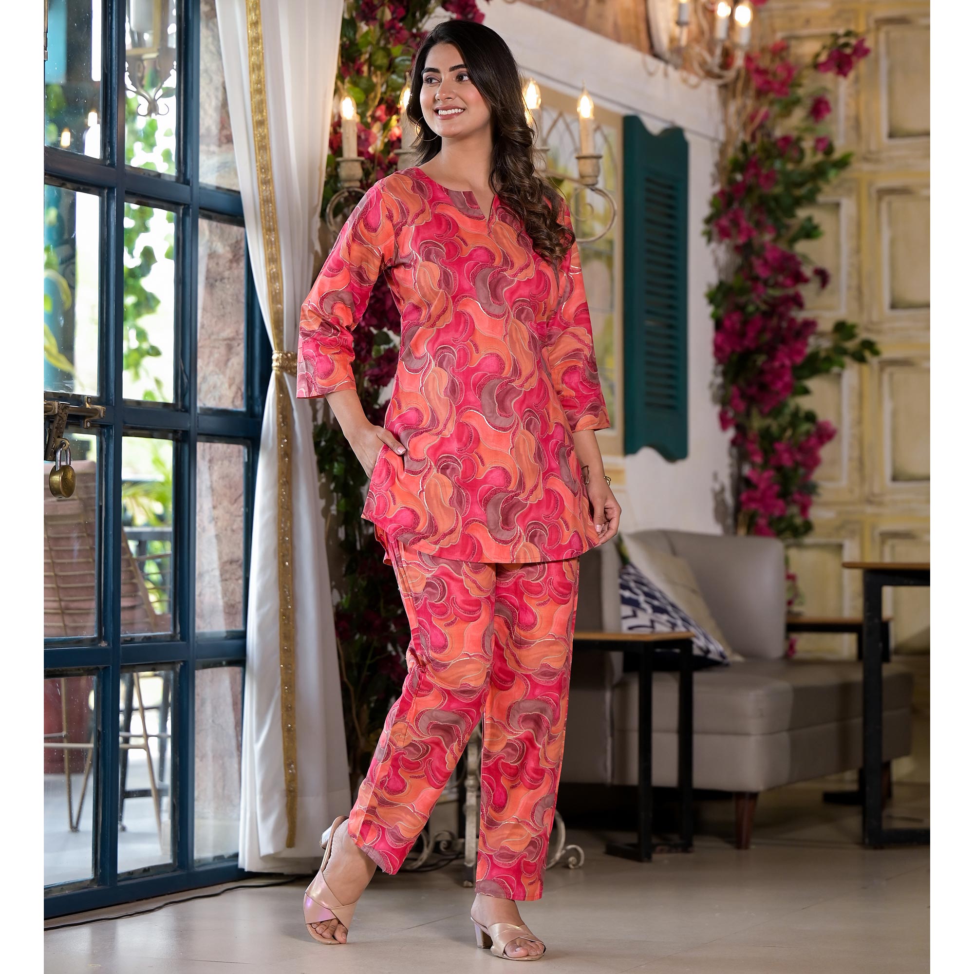 Peach Foil Printed Pure Cotton Co-Ord Set