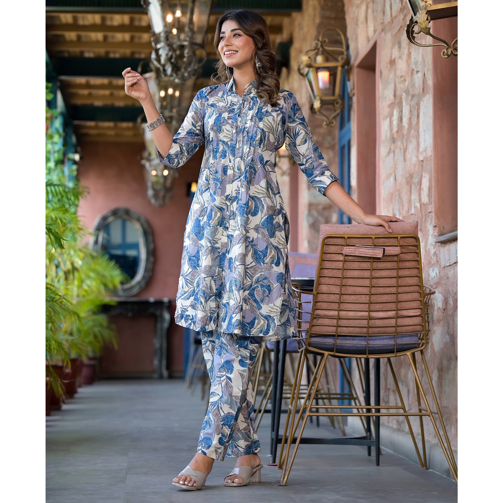 Blue Floral Printed Pure Cotton Co Ord Set
