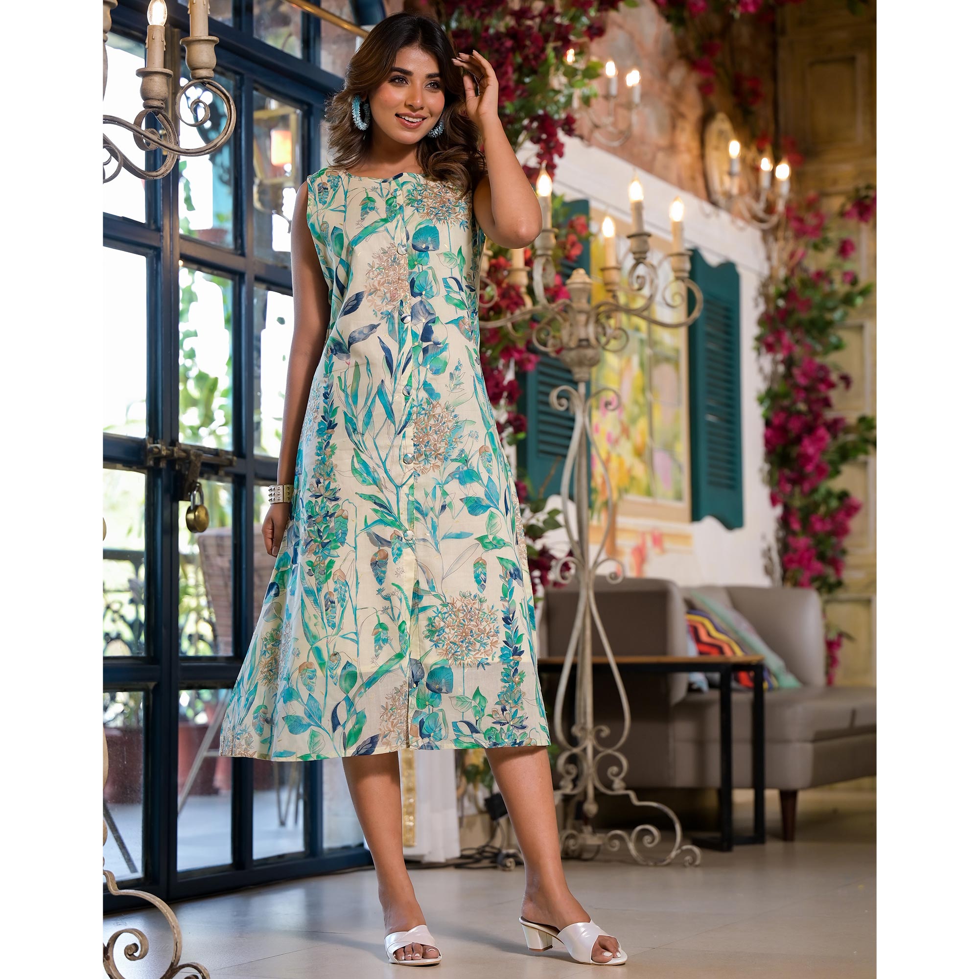 Off White & Turquoise Floral Printed Mulmul Cotton A-Line Sleeveless Dress