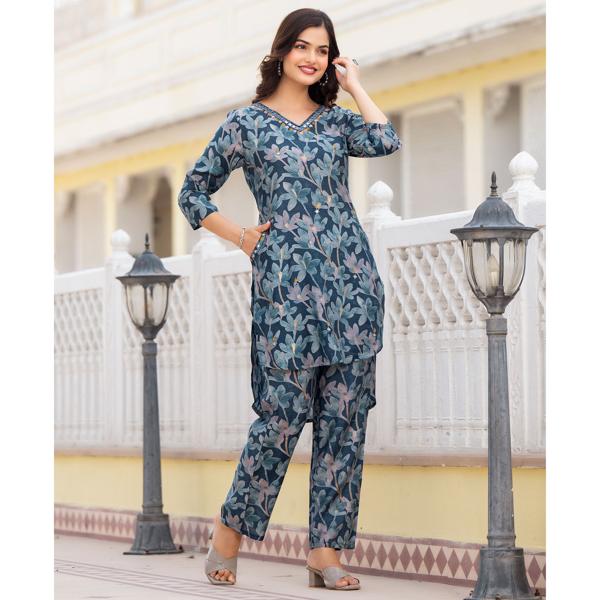 Teal Blue Floral Printed Chanderi Silk Co-Ord Set