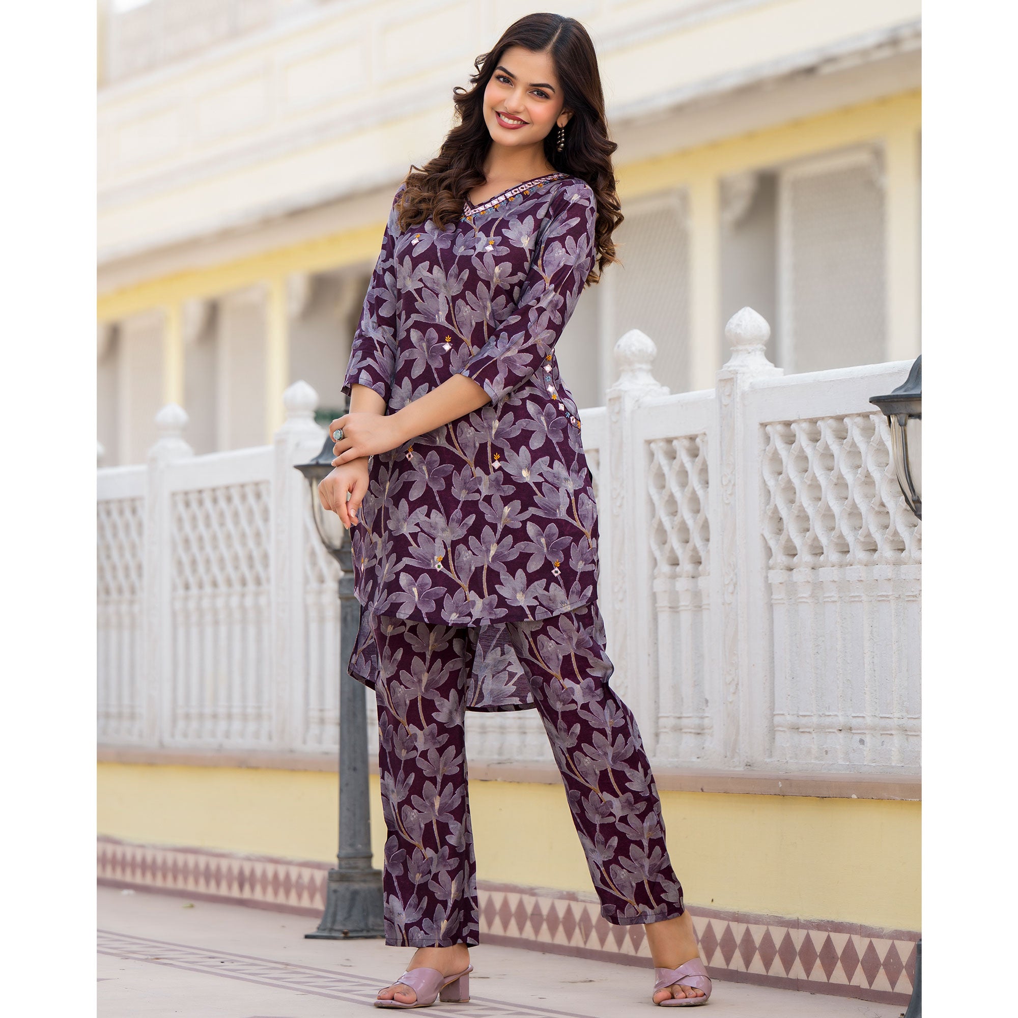 Wine Floral Printed Chanderi Silk Co-Ord Set