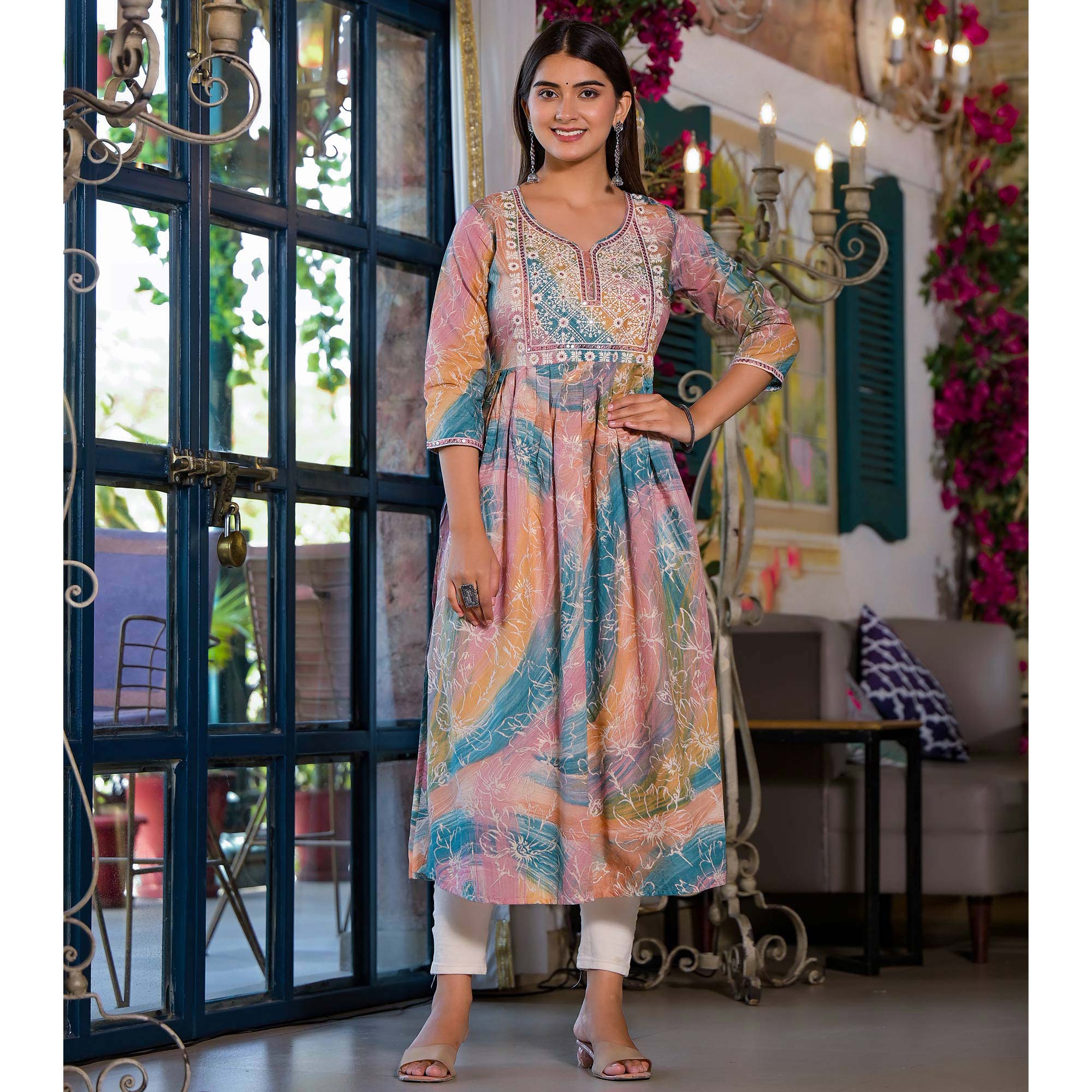 Peach Printed Cambric Cotton Naira Cut Kurti
