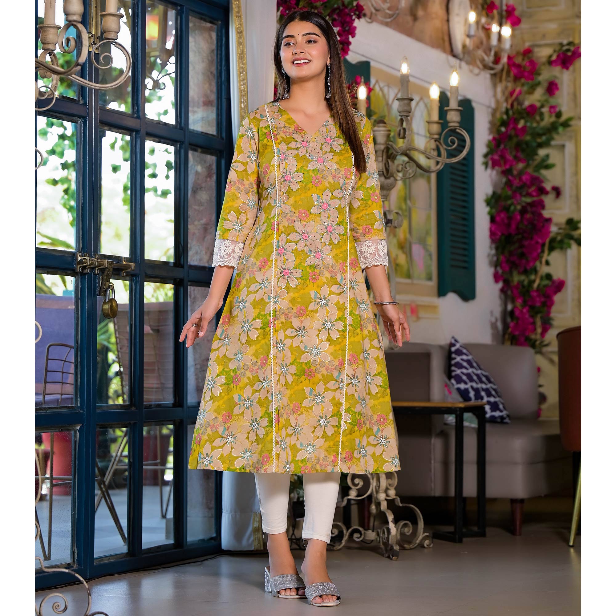 Dark Lemon Green Floral Printed Giza Cotton Maxi Dress