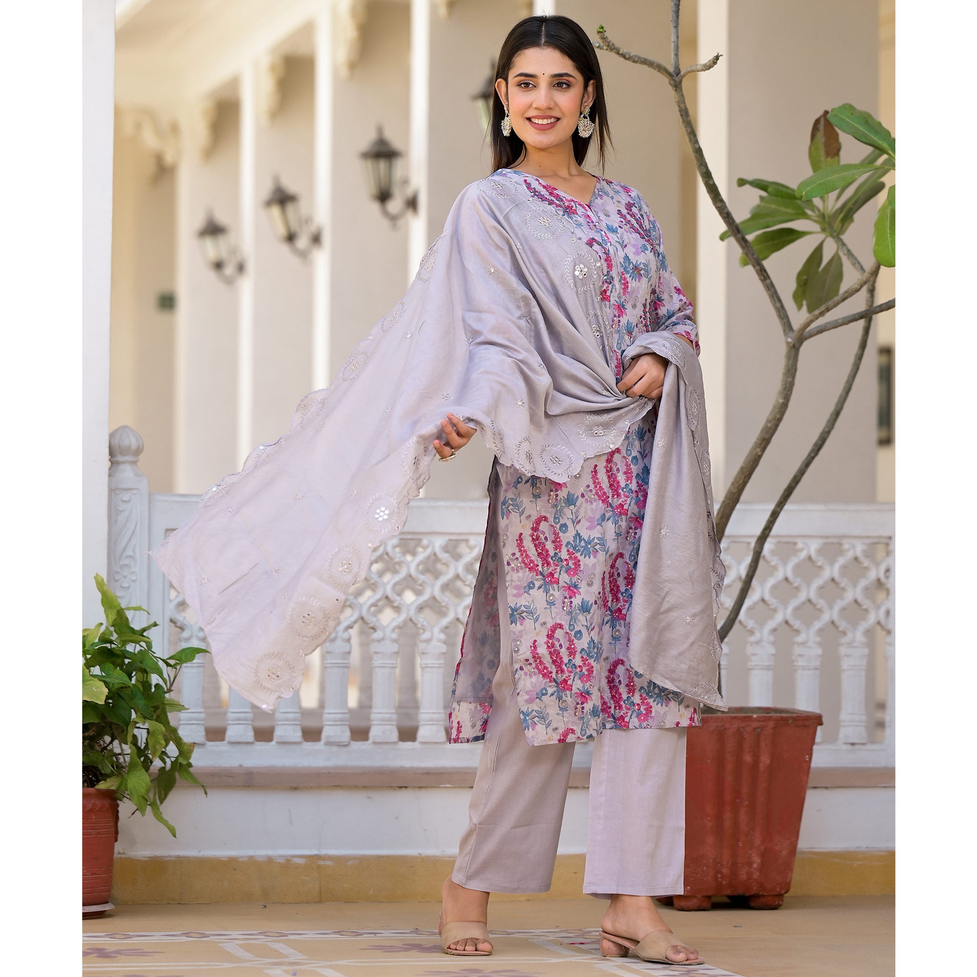 Grey Floral Printed Mulmul Cotton Salwar Suit With Handcrafted