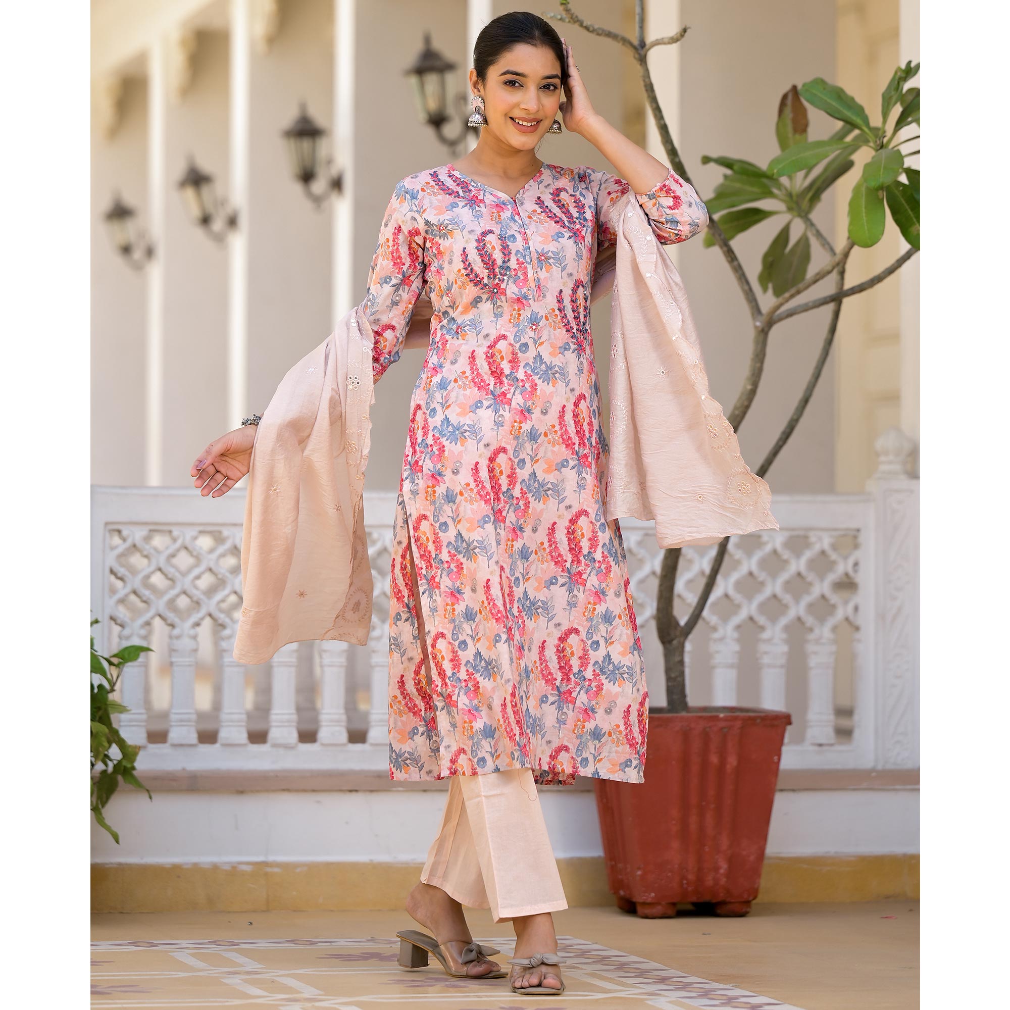 Peach Floral Printed Mulmul Cotton Salwar Suit With Handcrafted