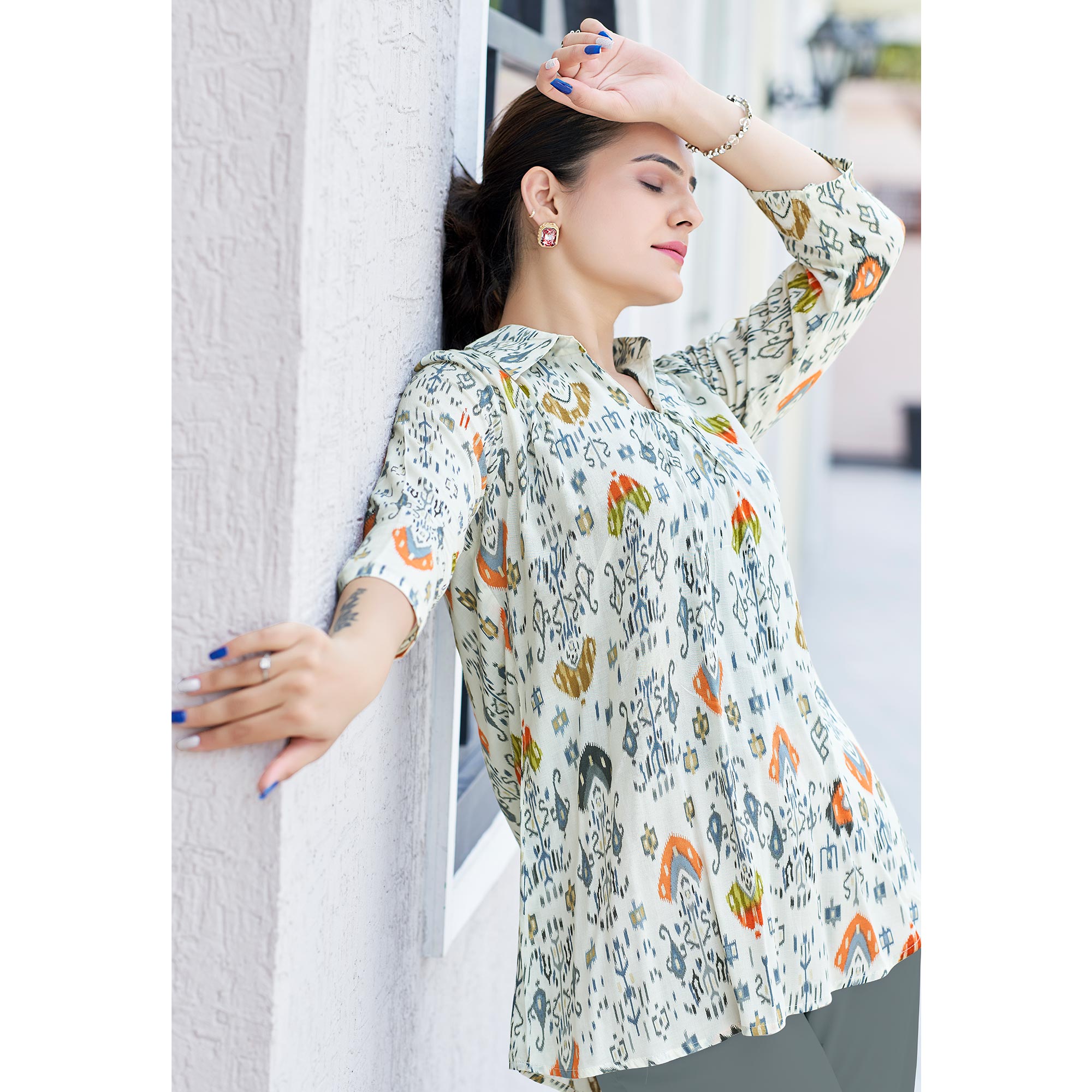 White & Orange Printed Chanderi Silk Top