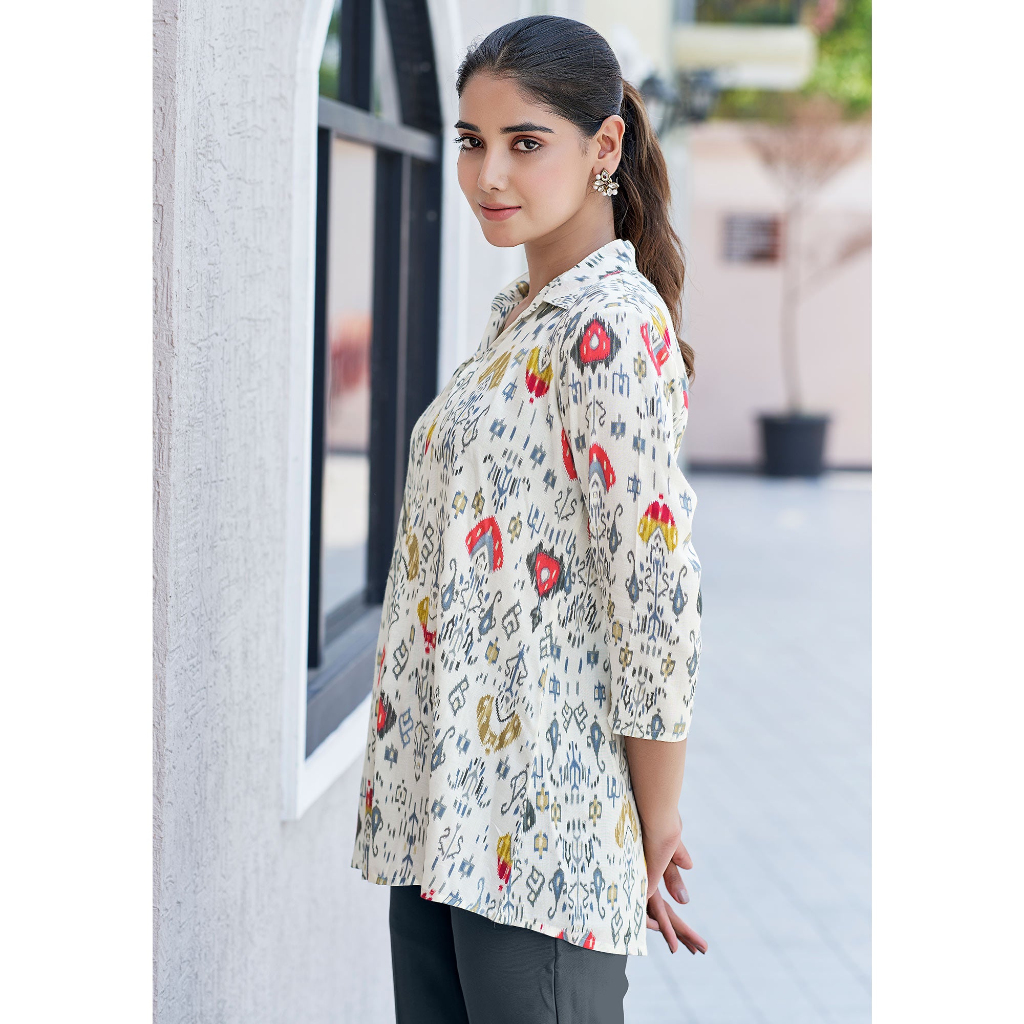 White & Red Printed Chanderi Silk A-Line Top