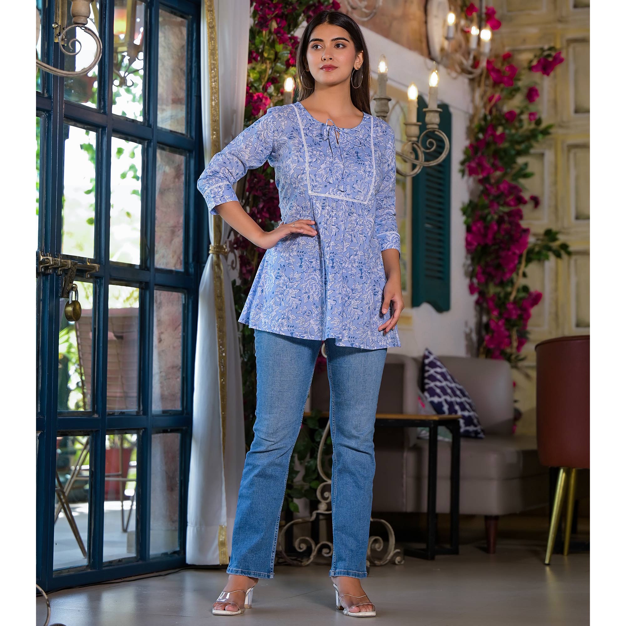 Blue Floral Printed Pure Cotton A-Line Top