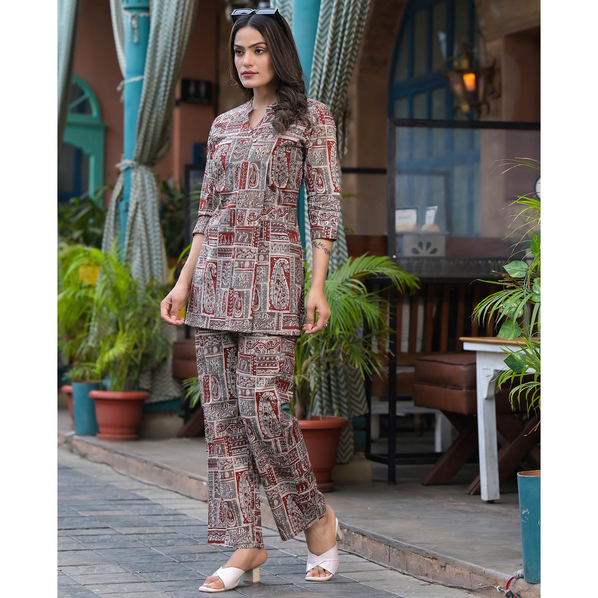 Red Printed Pure Cotton Angrakha Co-Ord Set