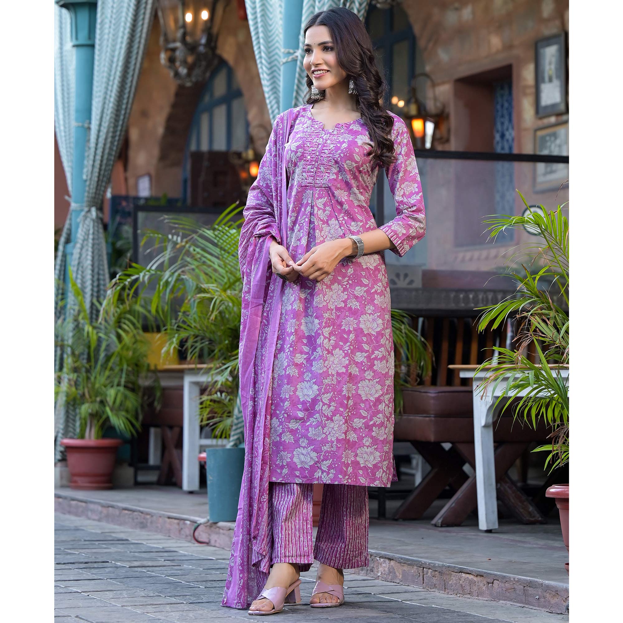 Purple Floral Printed With Katha Work Pure Cotton Straight Salwar Suit
