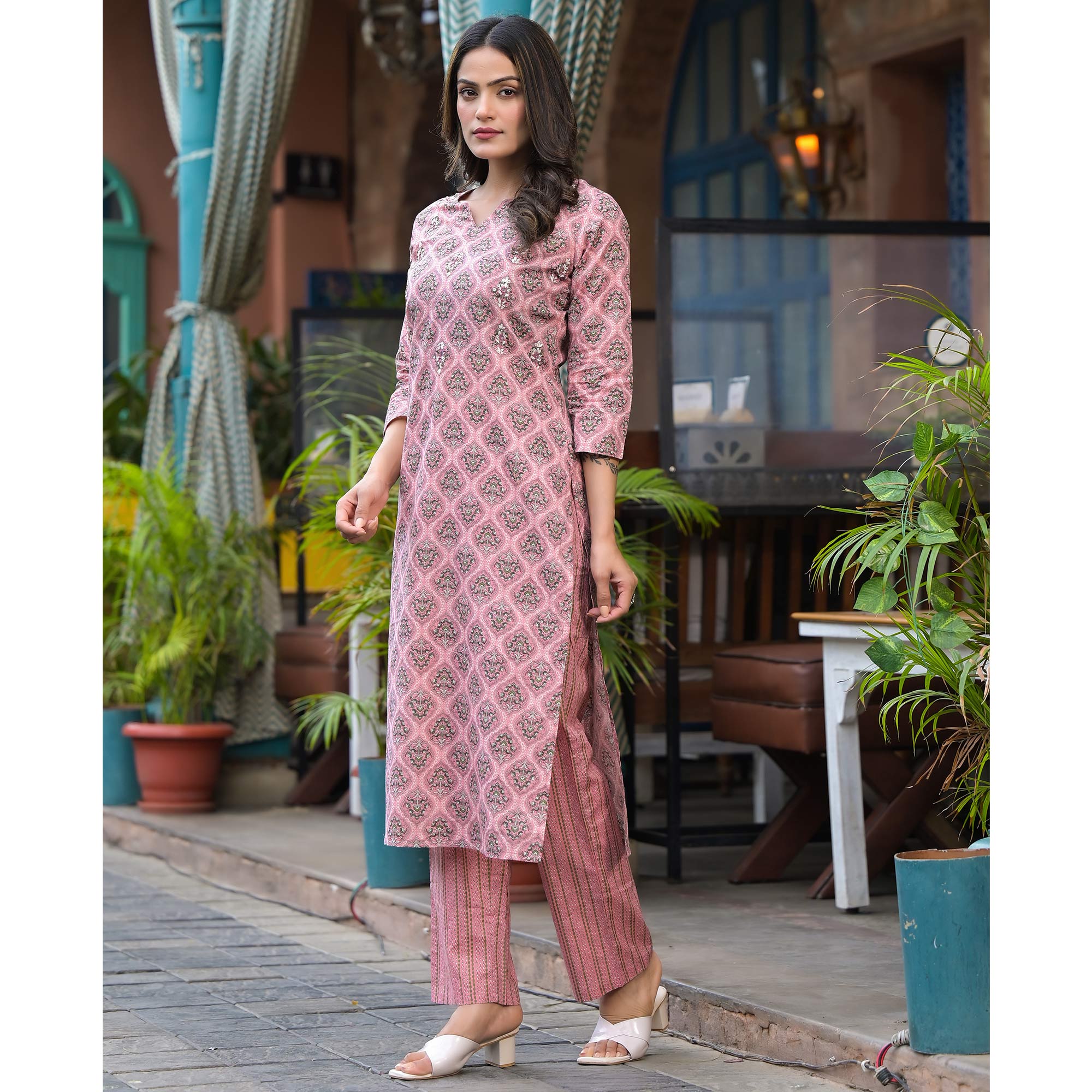 Pink Floral Printed Pure Cotton Kurti Set