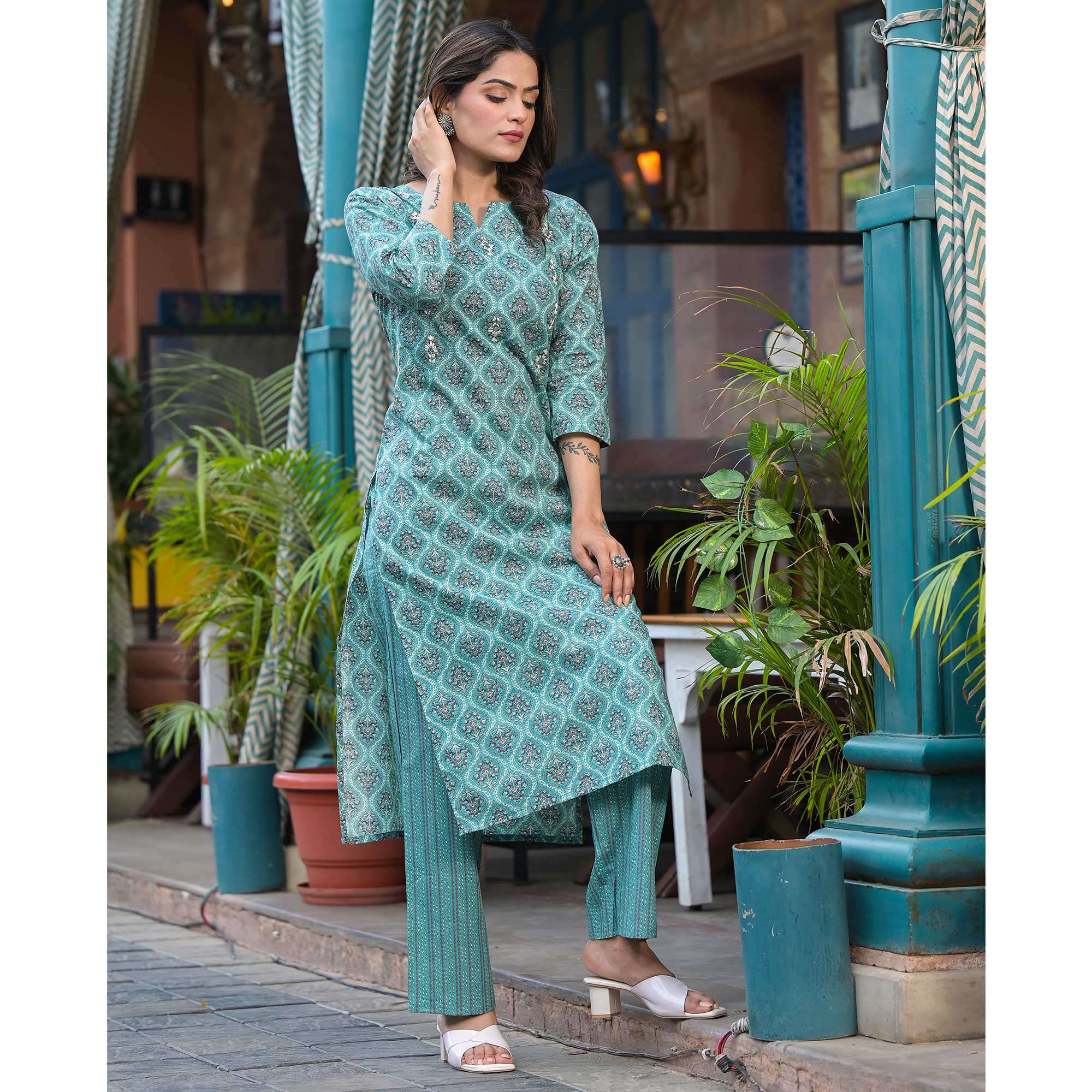 Sea Green Floral Printed Pure Cotton Kurti Set