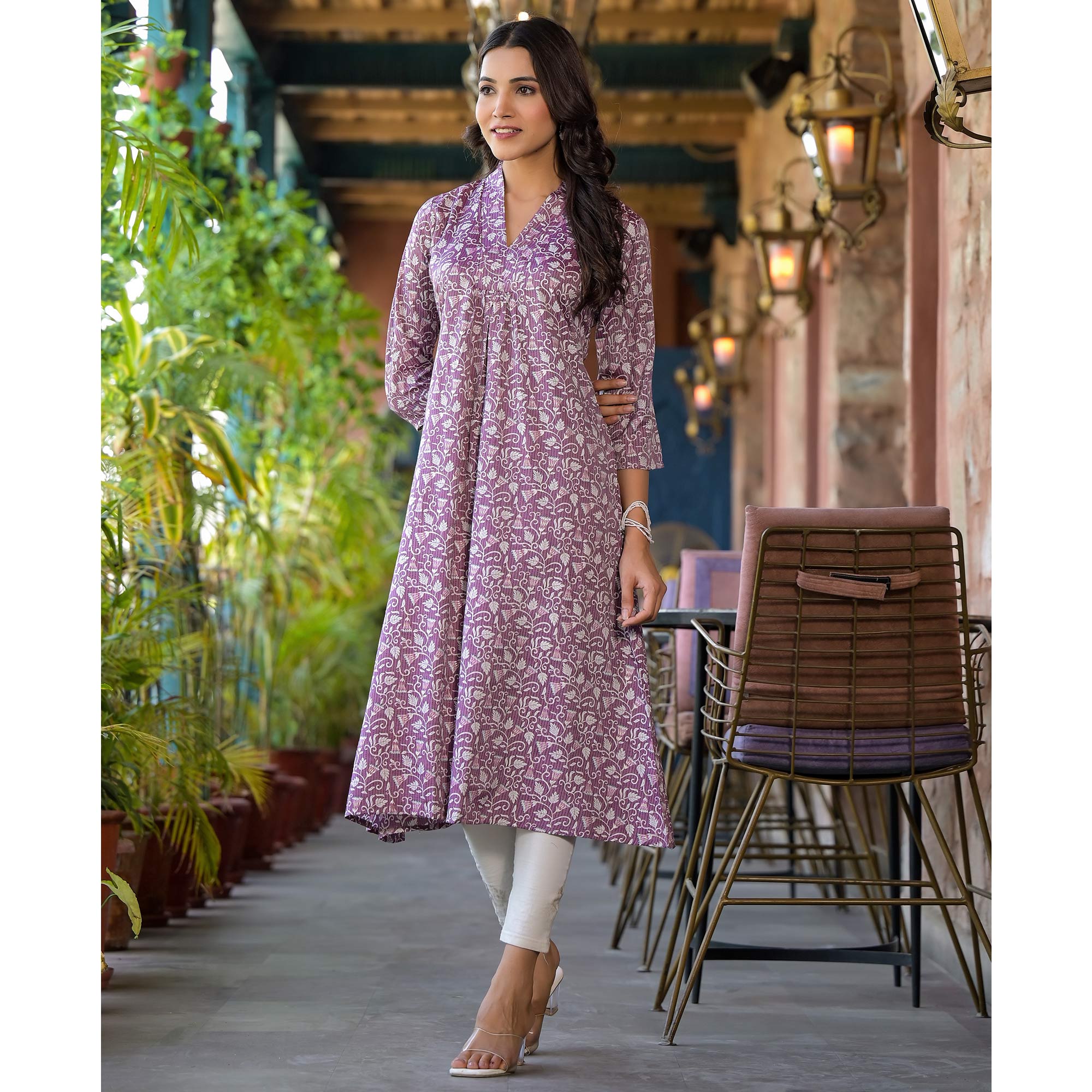 Purple Floral Printed Rayon A-line Kurti