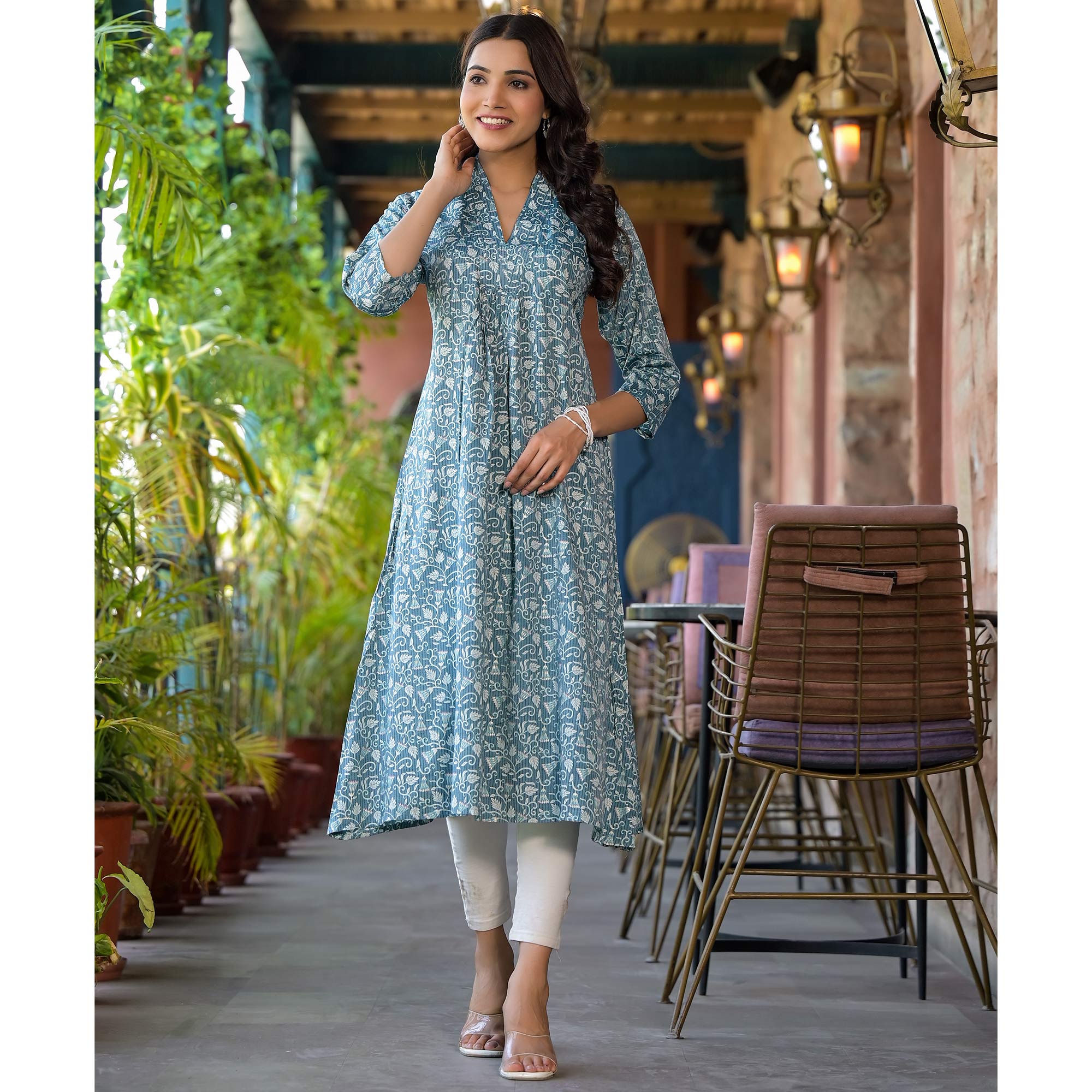 Turquoise Floral Printed Rayon A-line Kurti