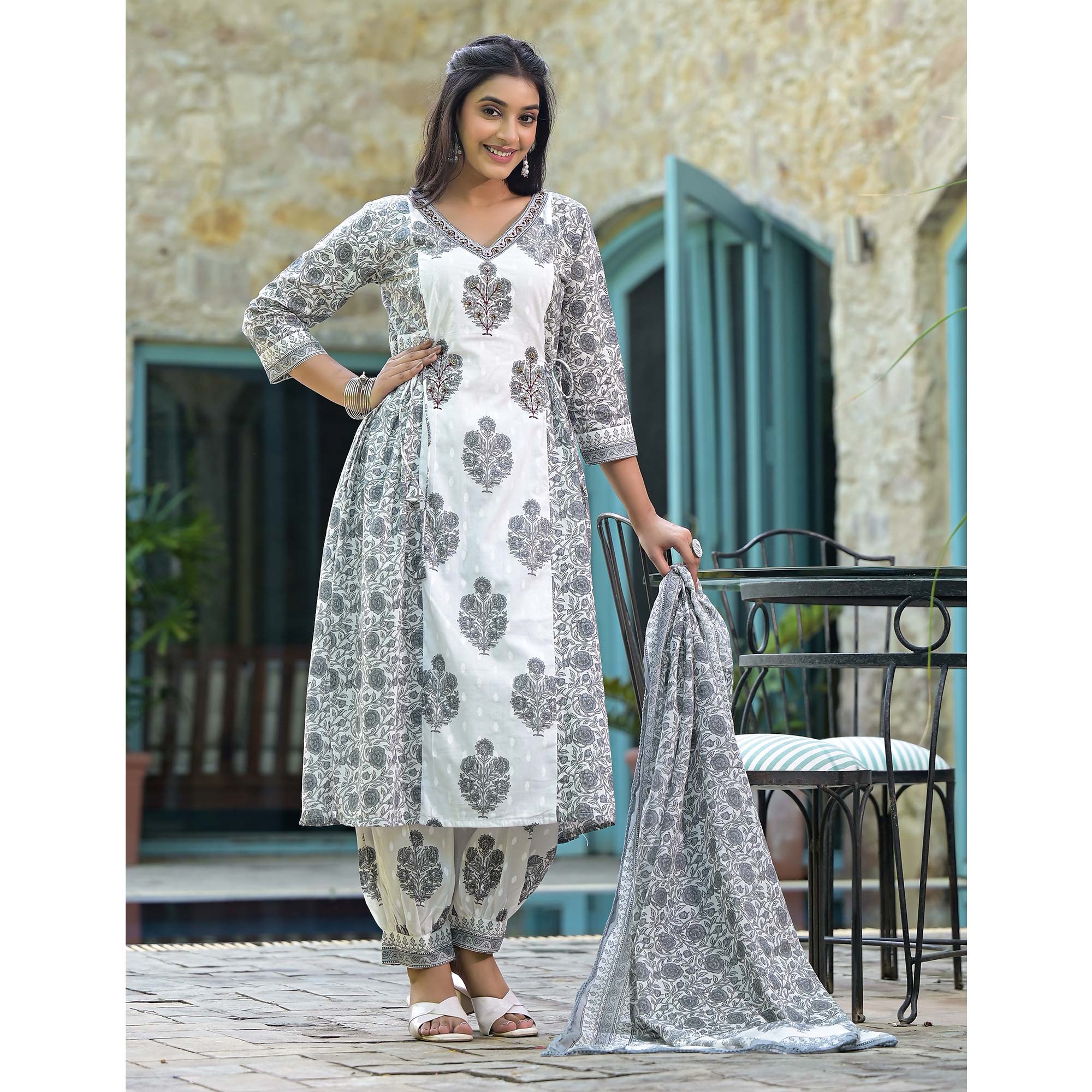 White Floral Printed Pure Cotton Salwar Suit With Beads Work