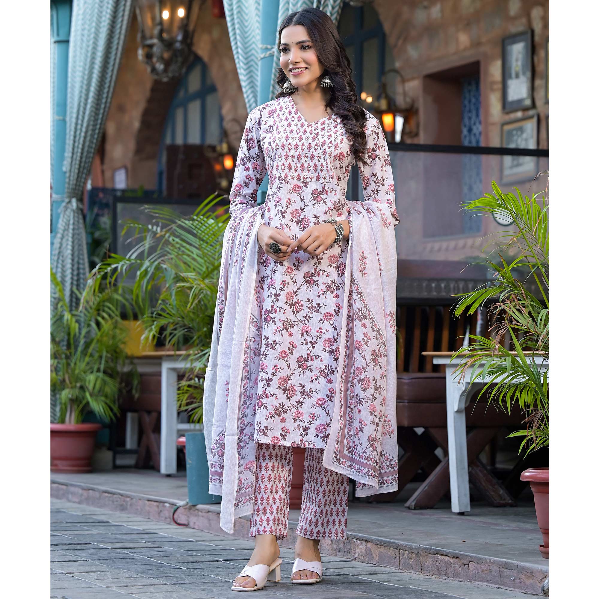 White Floral Printed Pure Cotton Salwar Suit