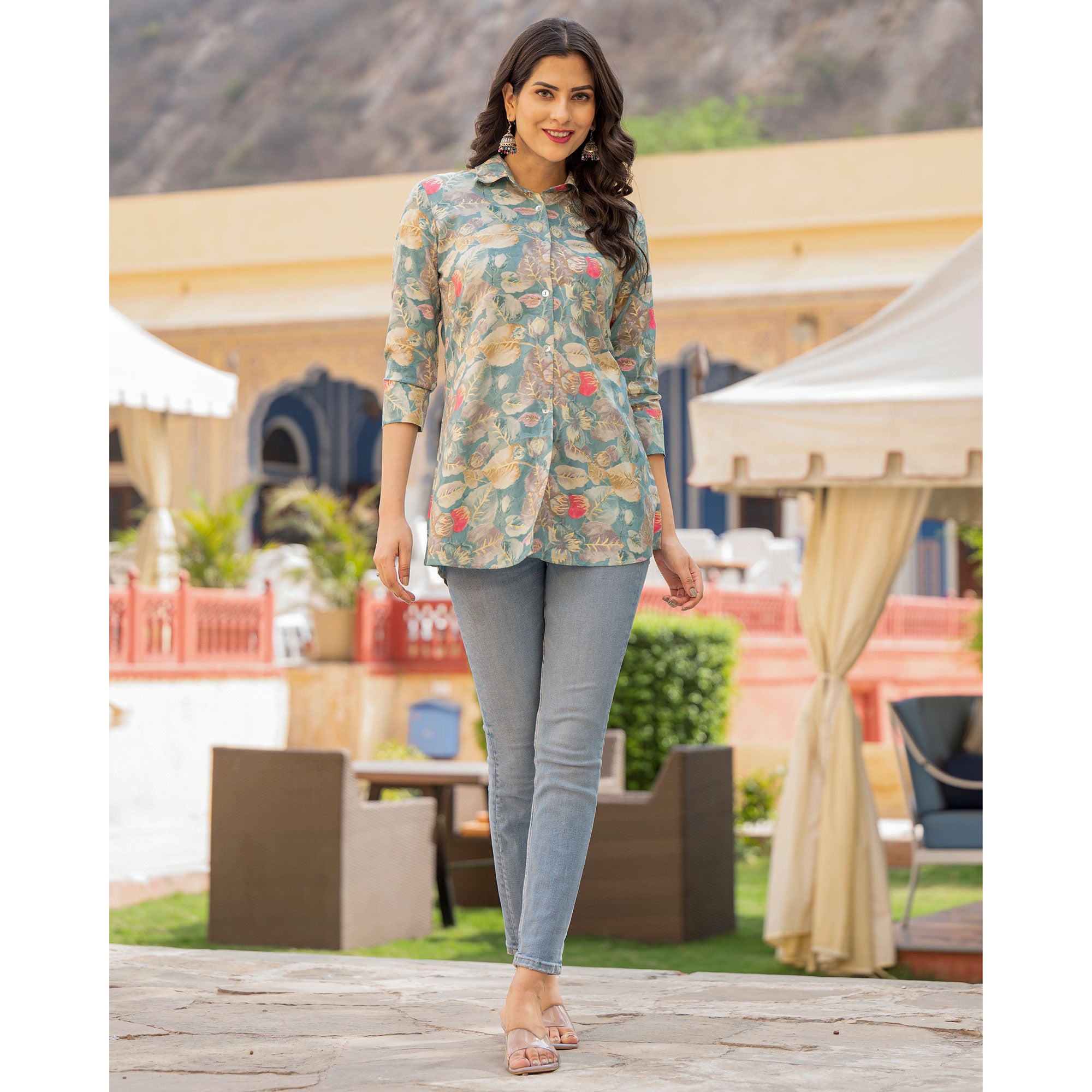 Blue Floral Printed Rayon Top