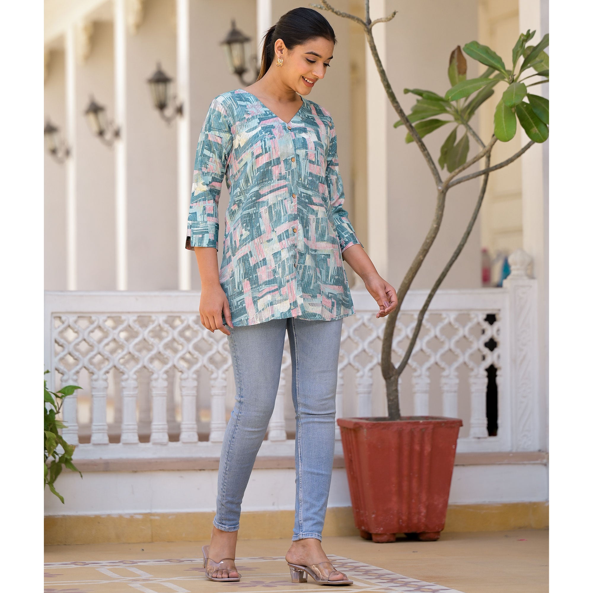 Blue Printed Rayon A-Line Top