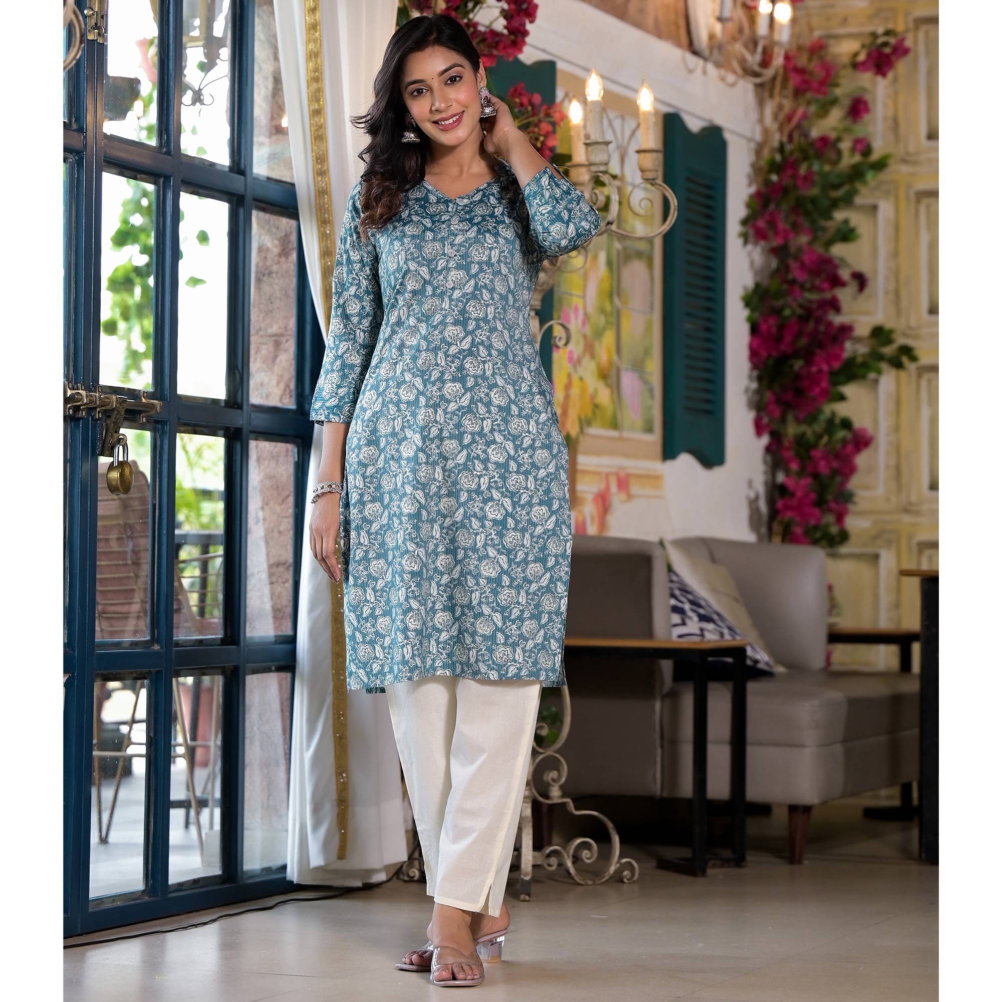 Pine Green Floral Printed Rayon Straight Kurti