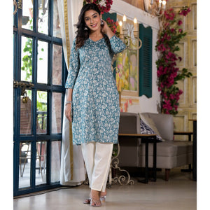 Pine Green Floral Printed Rayon Straight Kurti