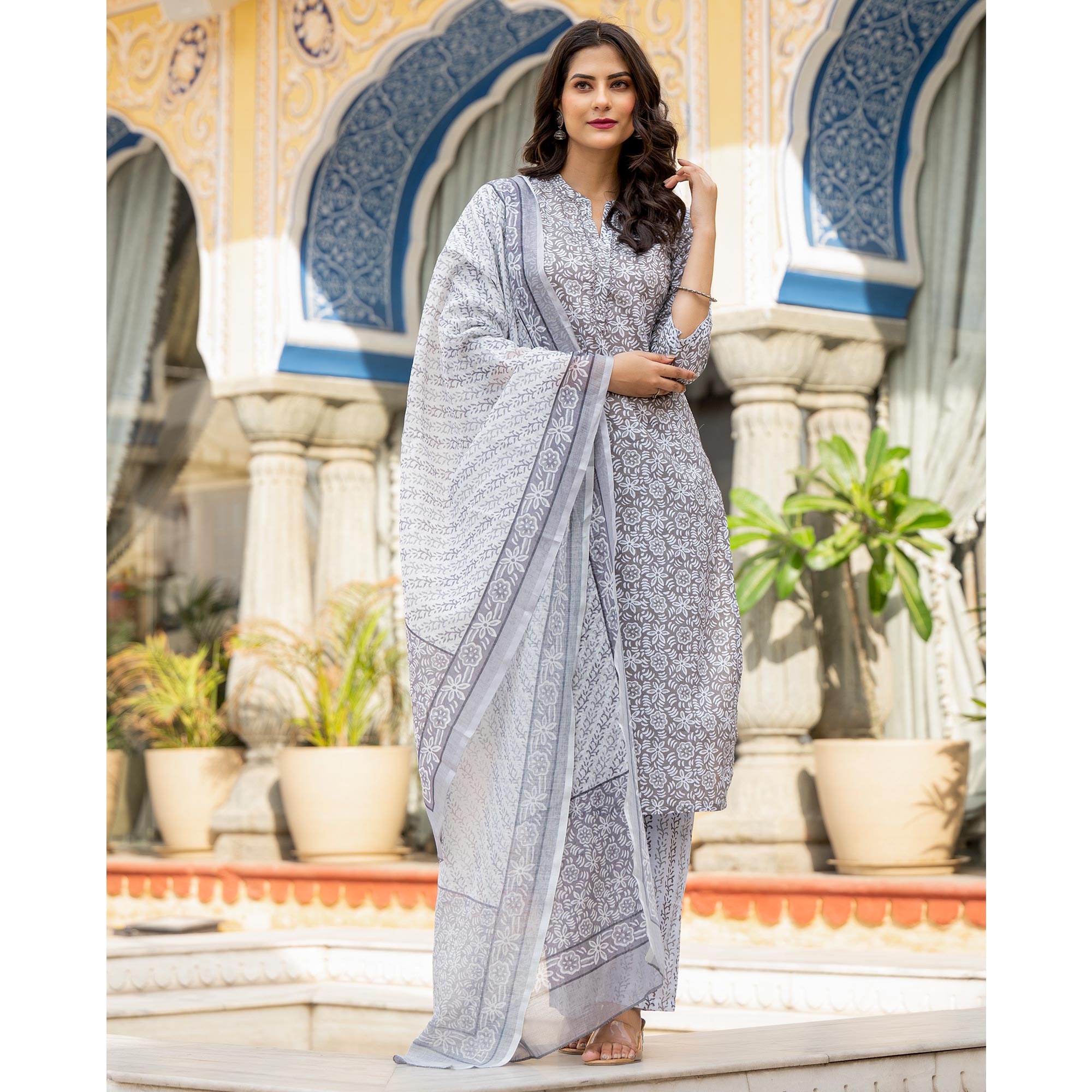 Grey Floral Printed Pure Cotton Salwar Suit