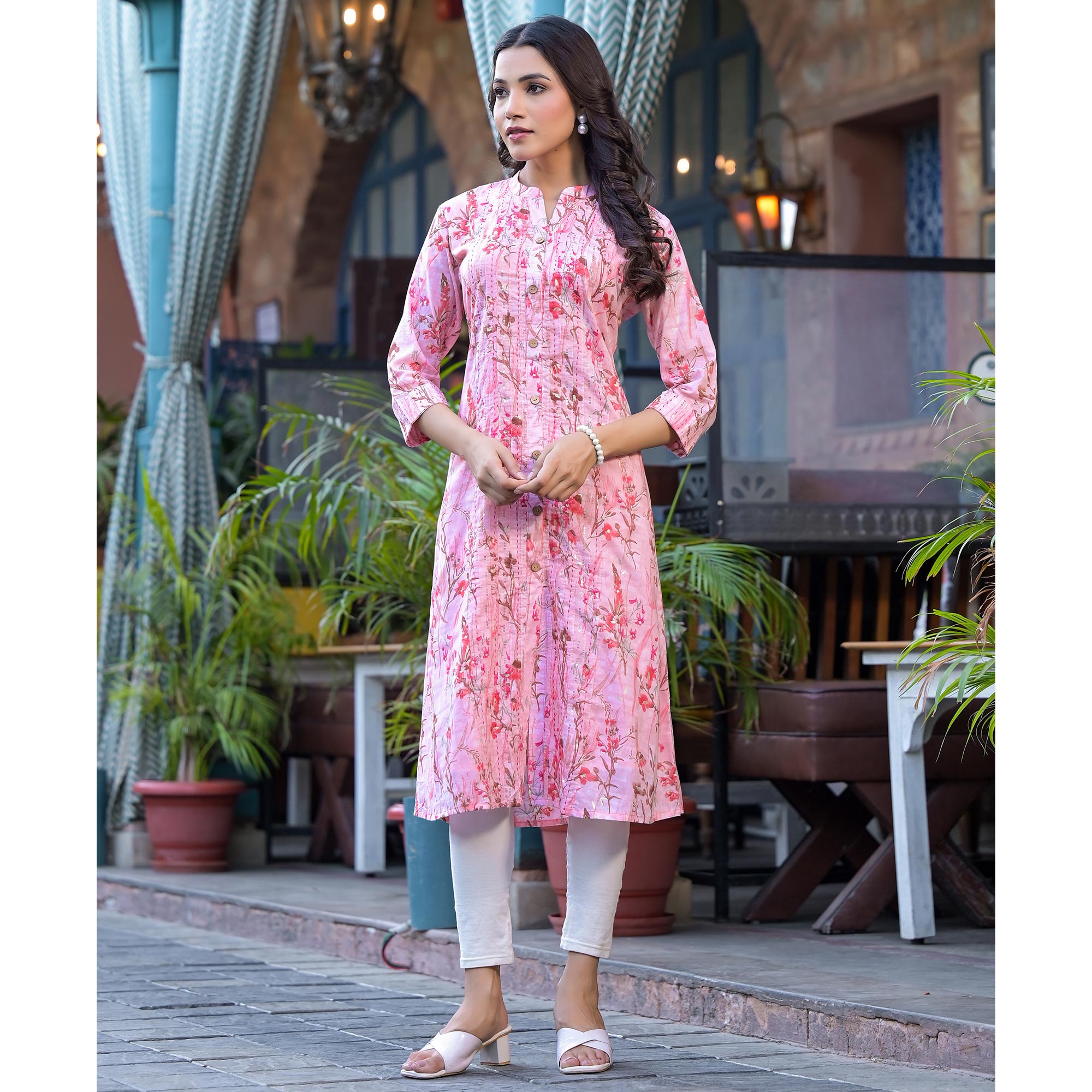 Peach Floral Foil Printed Pure Cotton Front Slit Kurti