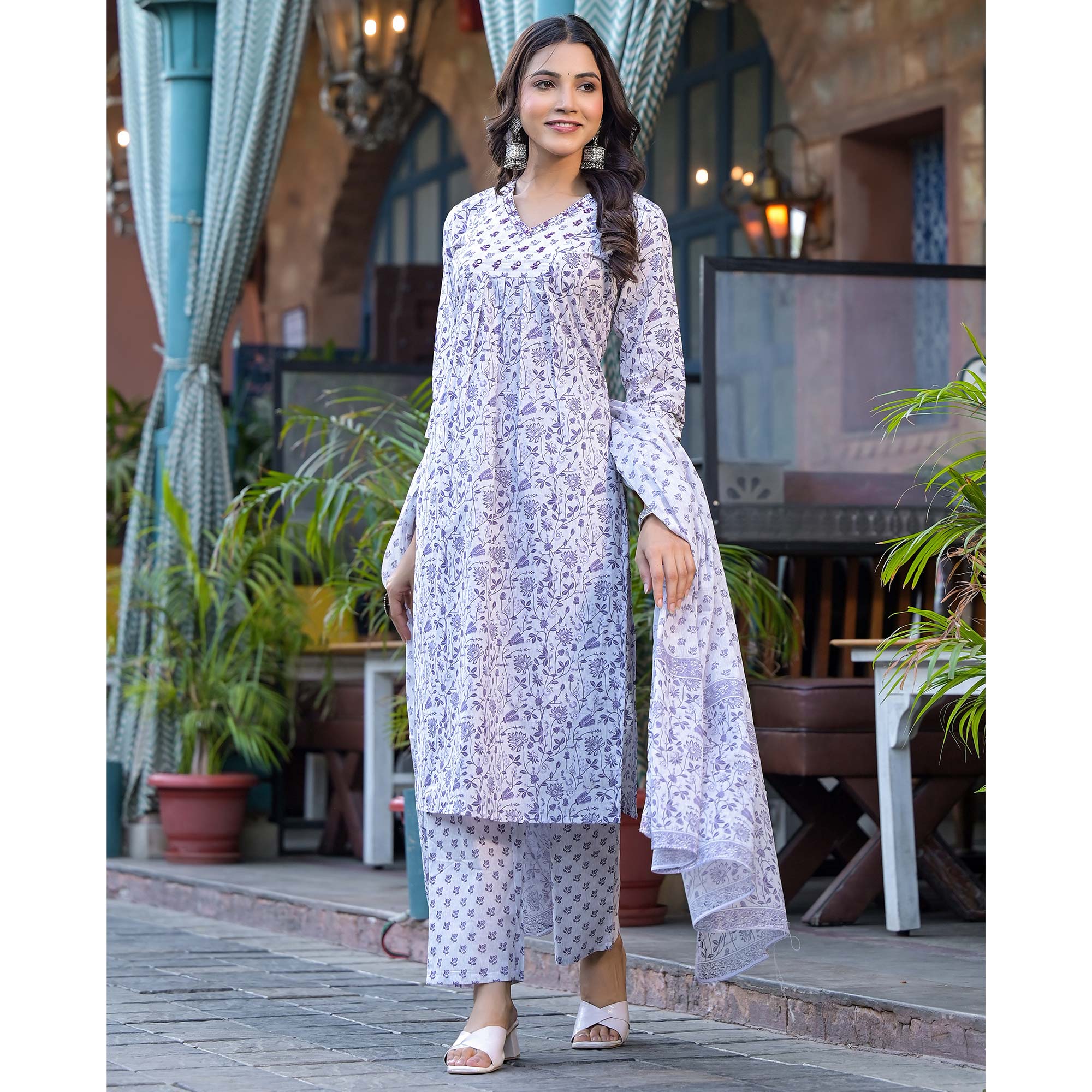 White Floral Printed Pure Cotton Straight Salwar Suit
