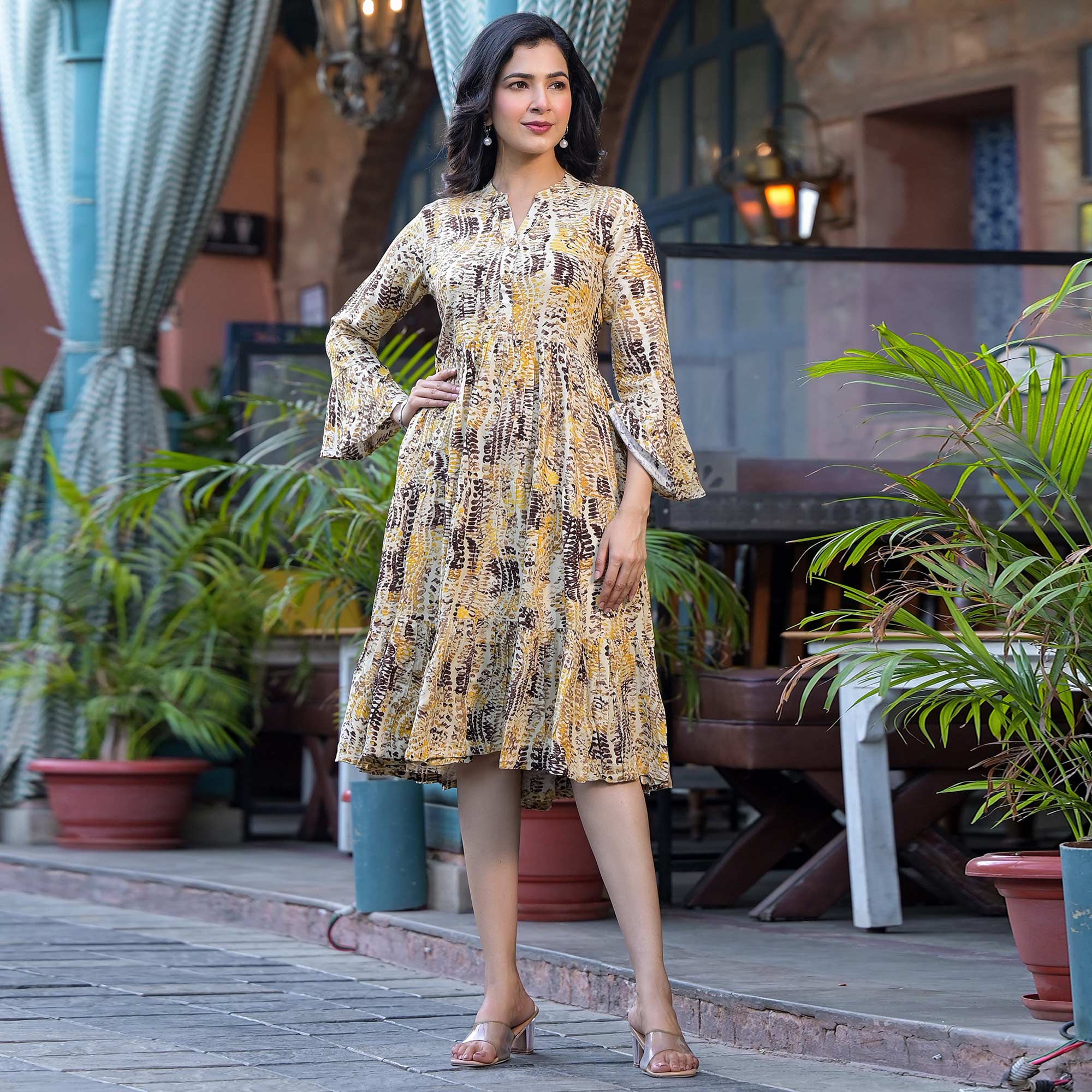 Yellow Printed Rayon Anarkali Dress
