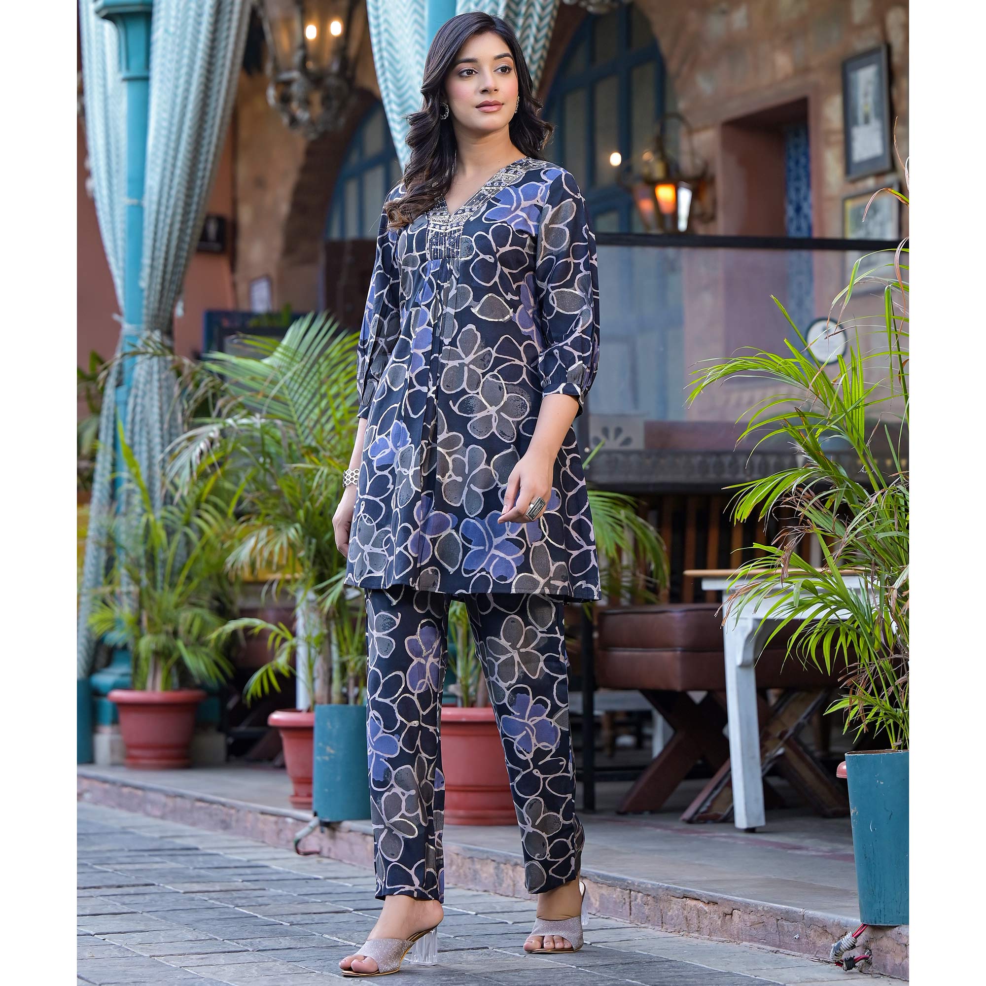 Denim Blue Floral Printed Chanderi Silk Co-Ord Set