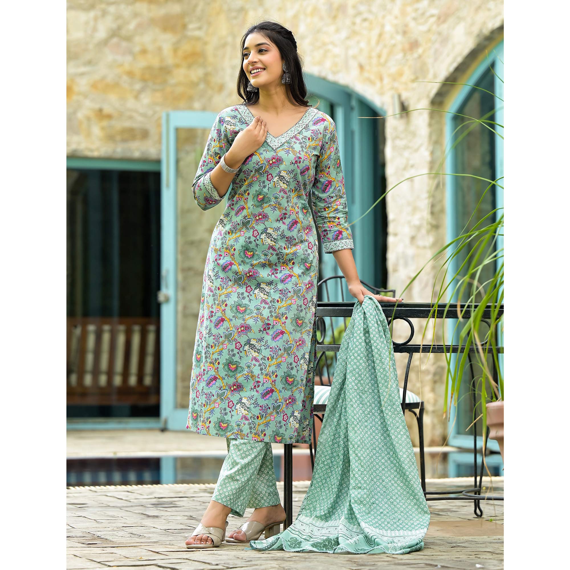 Sea Green Floral Printed With Embroidery Pure Cotton Straight Salwar Suit