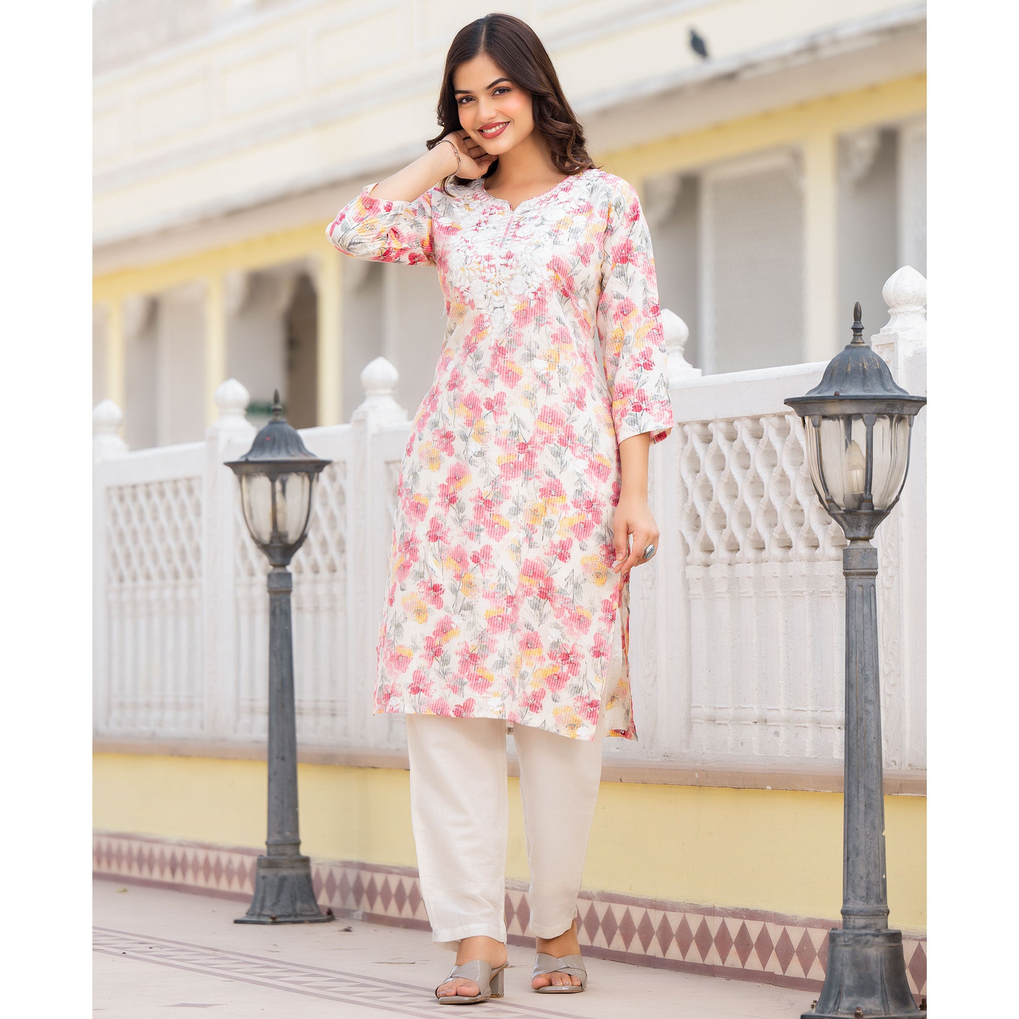 Cream & Pink Floral Printed Rayon Straight Kurti