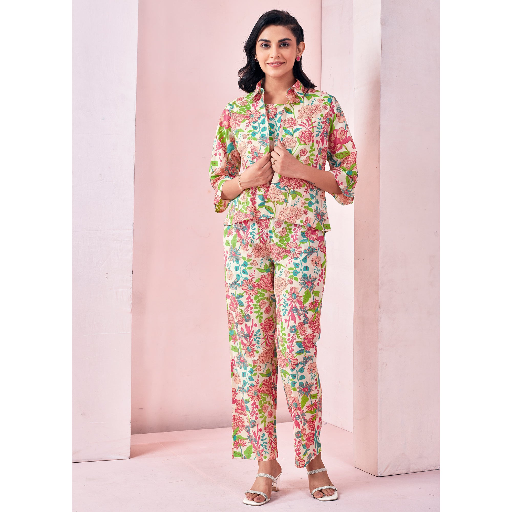 White Floral Printed Pure Cotton Co-ord Set With Jacket