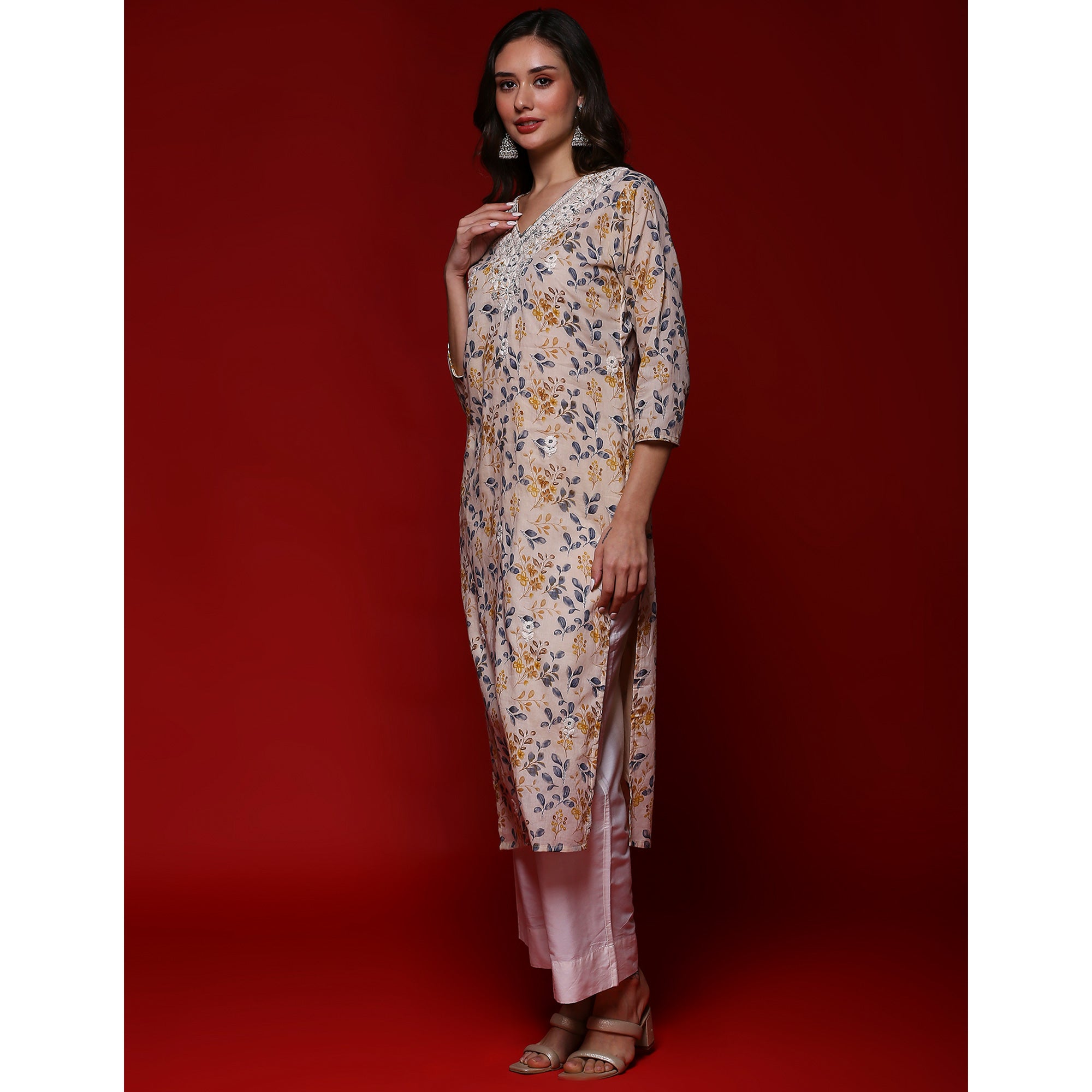 Chikoo Floral Printed Mulmul Cotton Straight Kurti