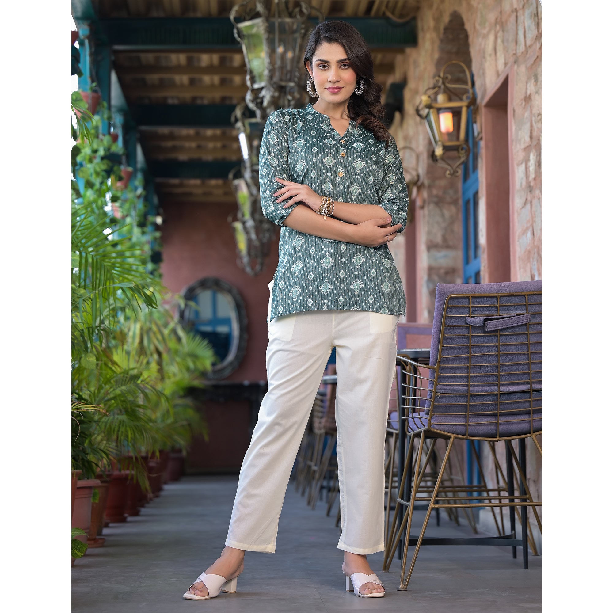 Sea Green Floral Printed Rayon Straight Top