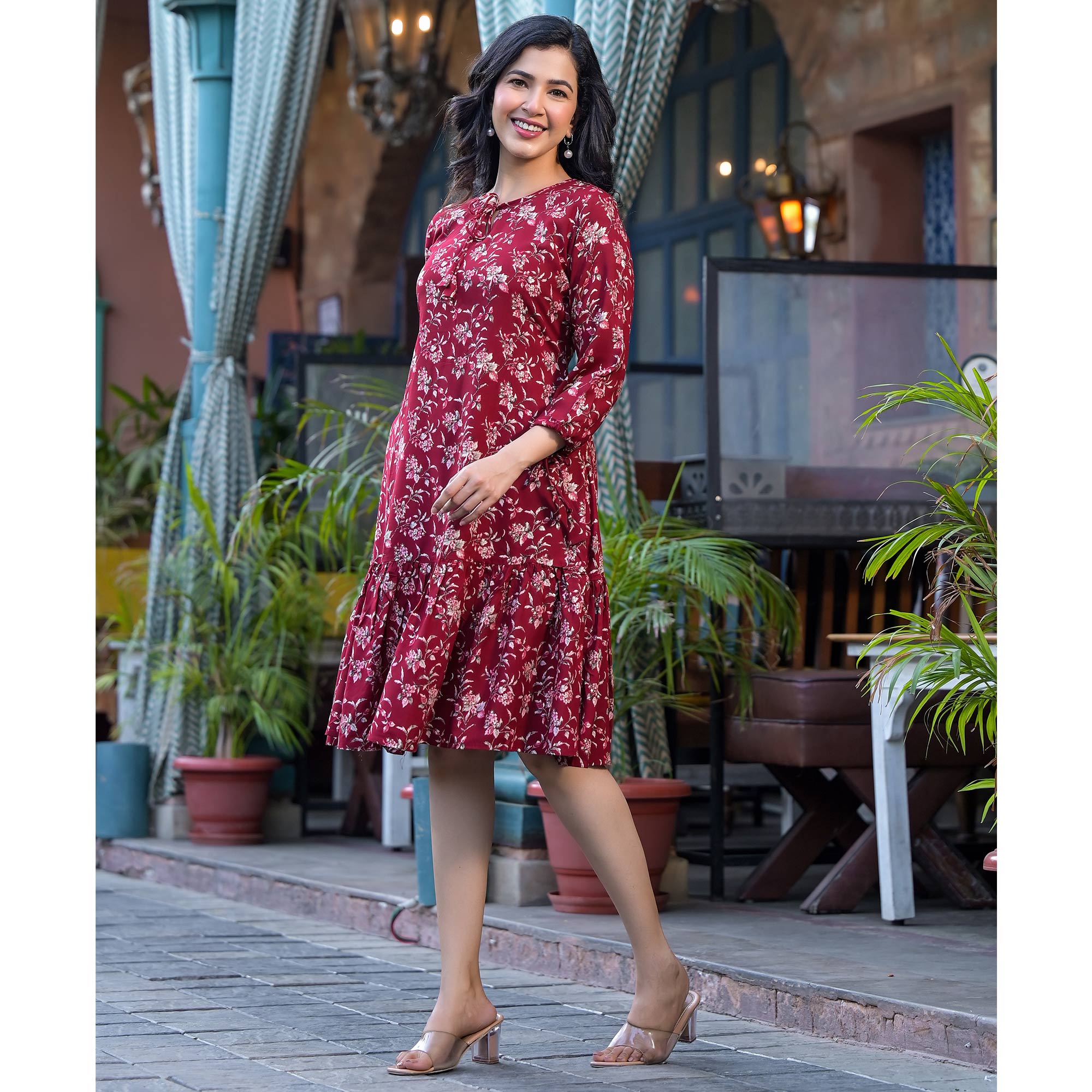Red Floral Printed Rayon Dress