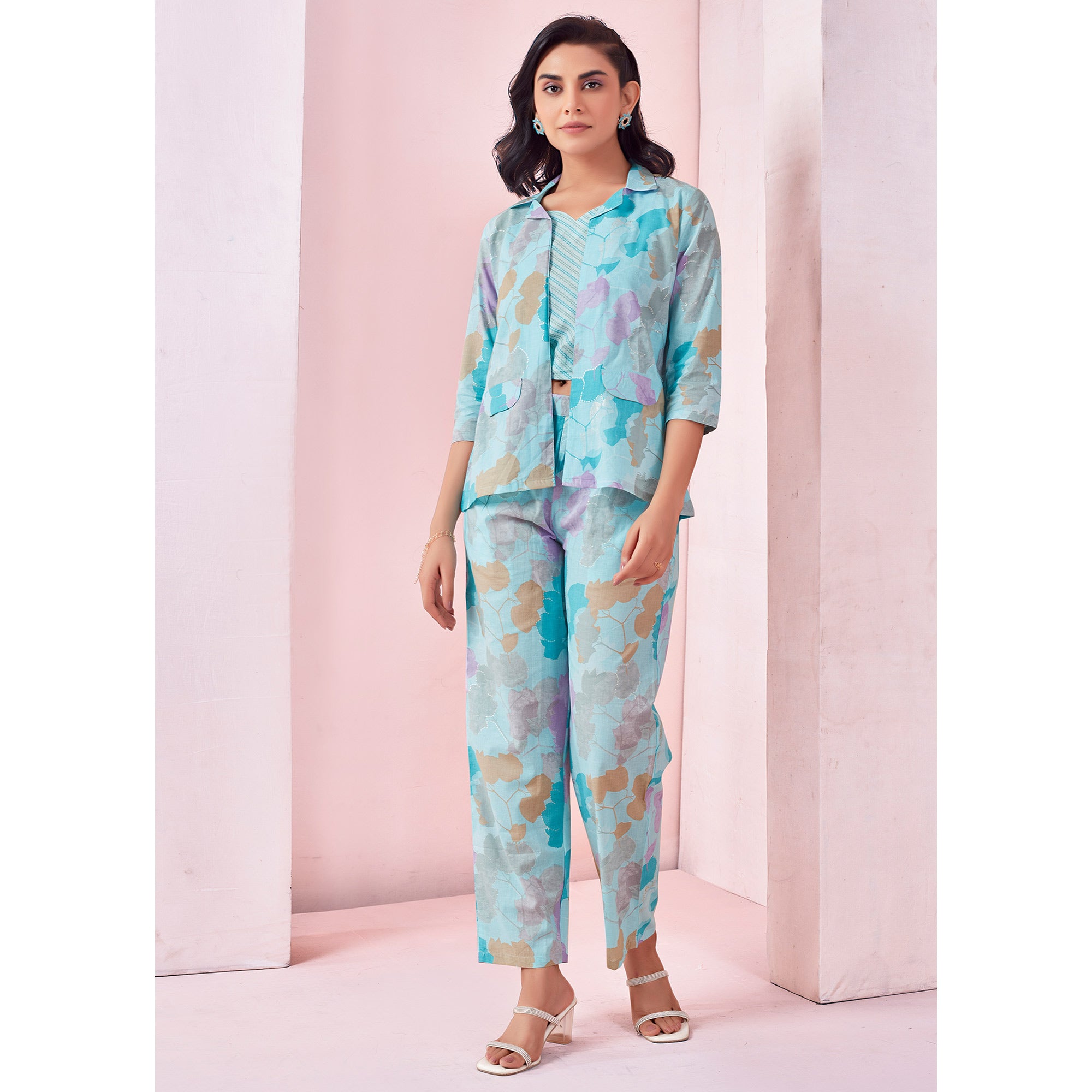 Sky Blue Floral Printed Pure Cotton Co-ord Set With Jacket